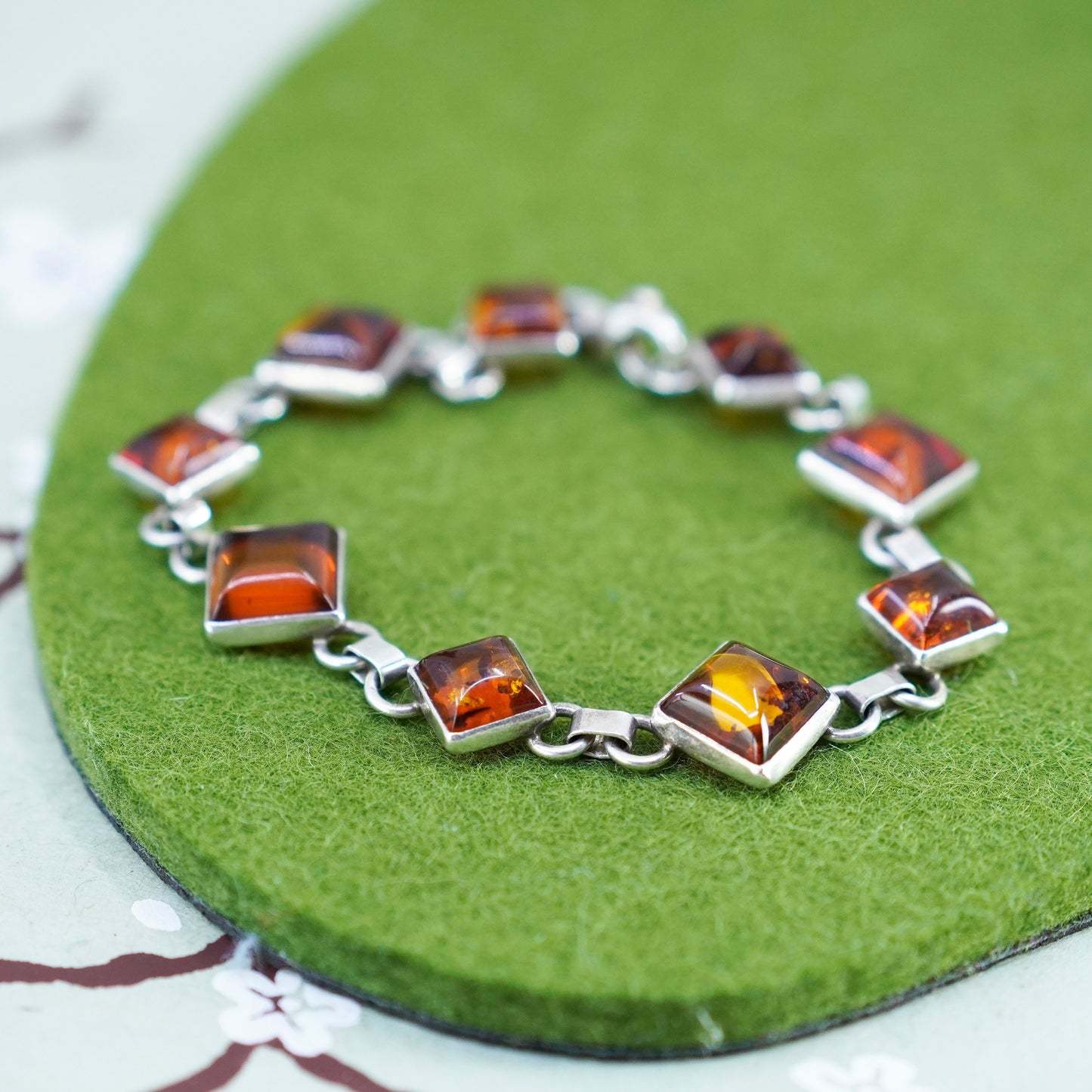 7.5”, Vintage sterling 925 silver handmade tennis bracelet with amber
