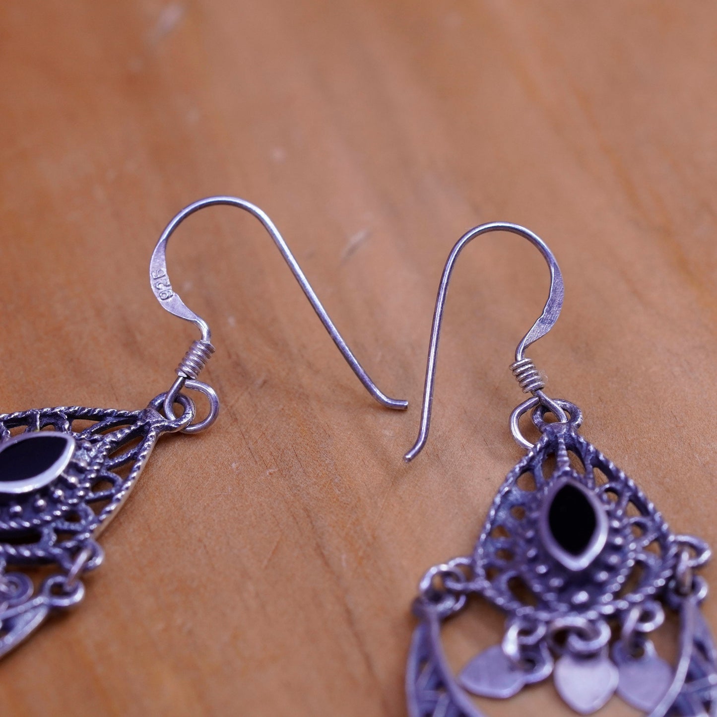 Vintage Sterling 925 silver handmade filigree earrings with obsidian