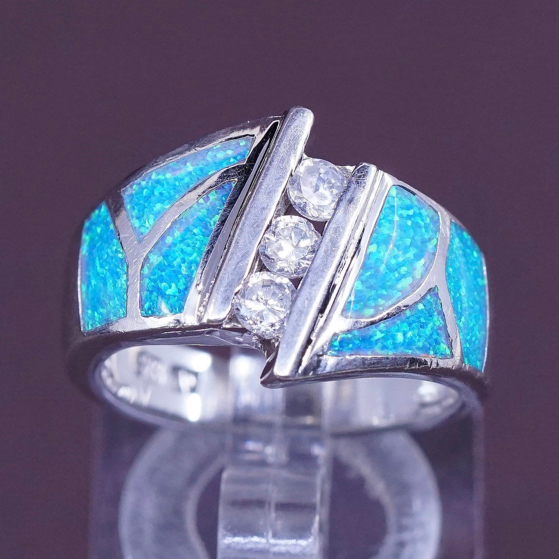 sz 6.5, vtg AK Sterling silver handmade ring, 925 band w/ fire opal and Cz