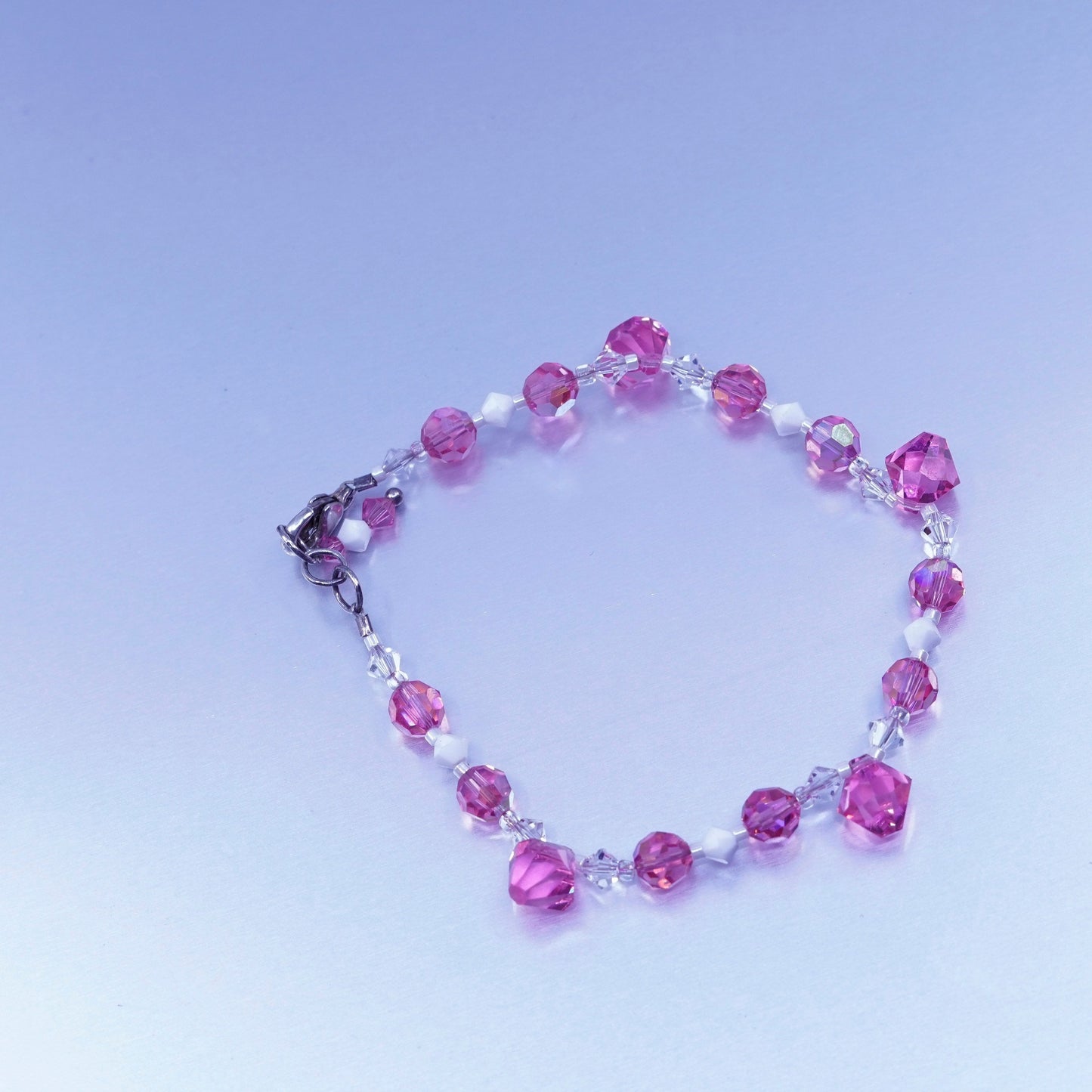 7”, vintage Sterling 925 silver handmade bracelet with pink crystal beads
