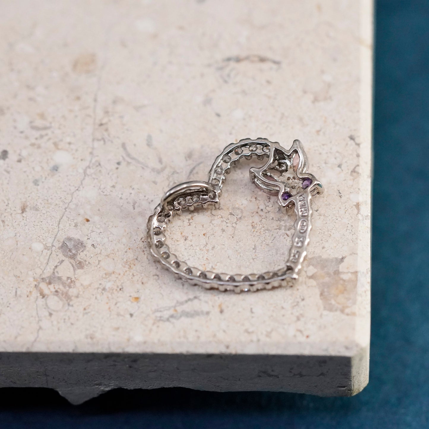 Vintage Sterling silver handmade pedant, 925 heart with cluster cz butterfly