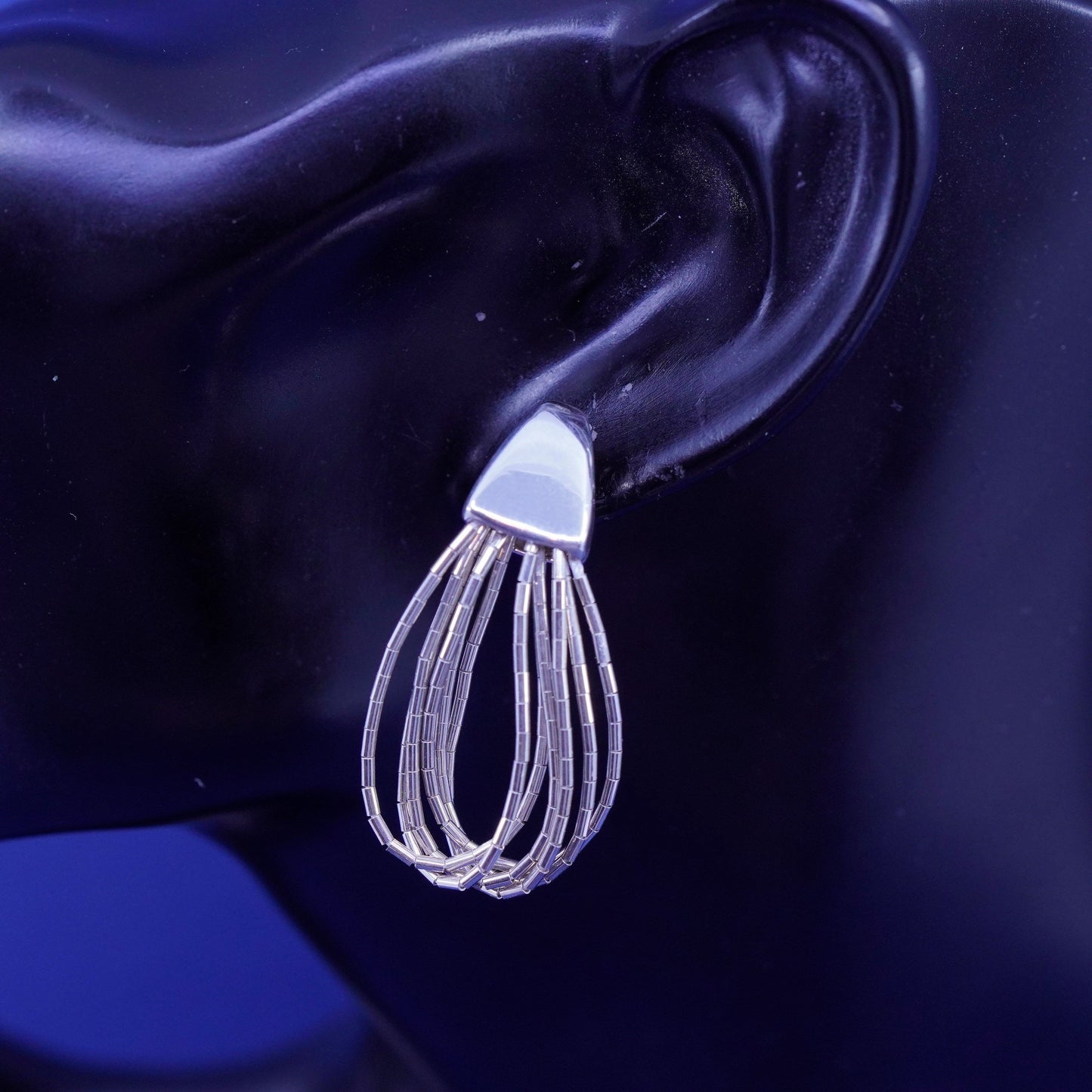 Vintage Shube sterling swirly relief earrings, 925 liquid silver fringe dangles