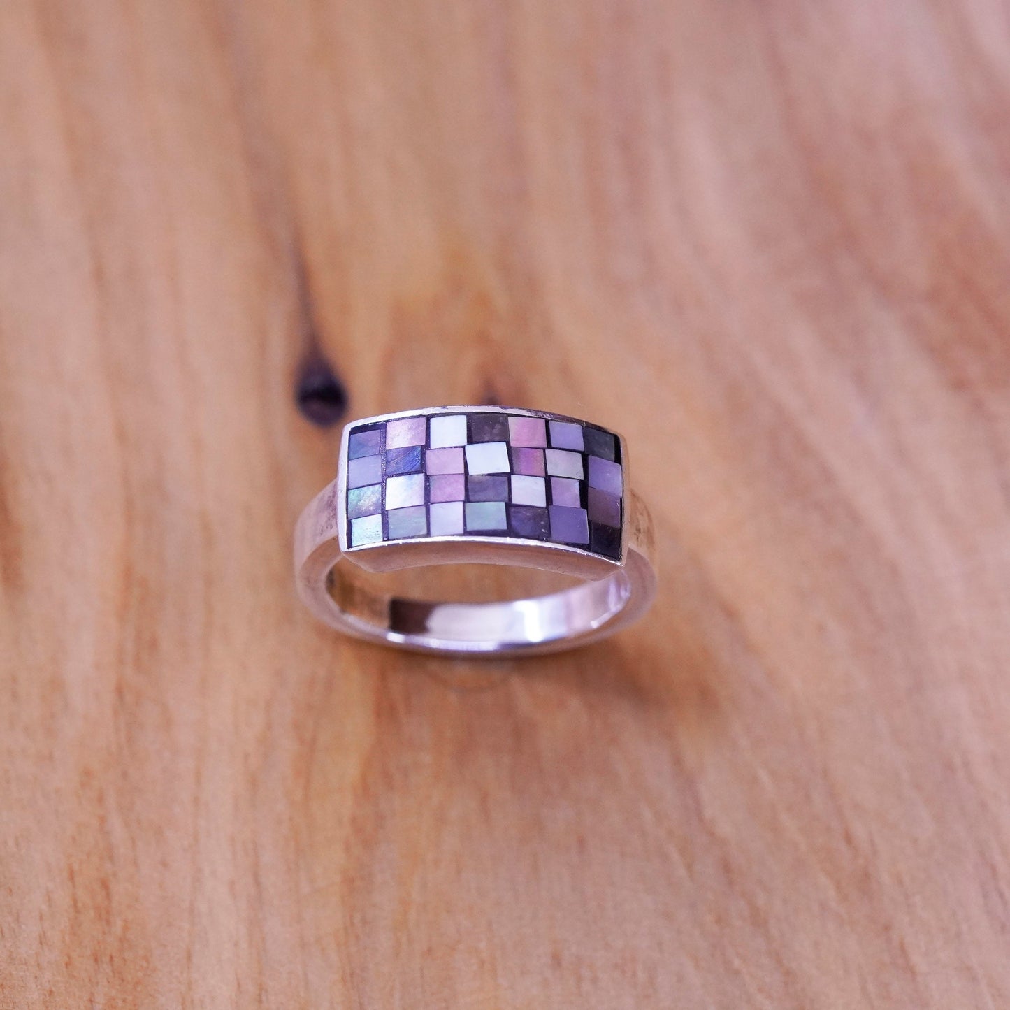 Size 7.25, vintage sterling silver handmade ring, 925 band with abalone inlay