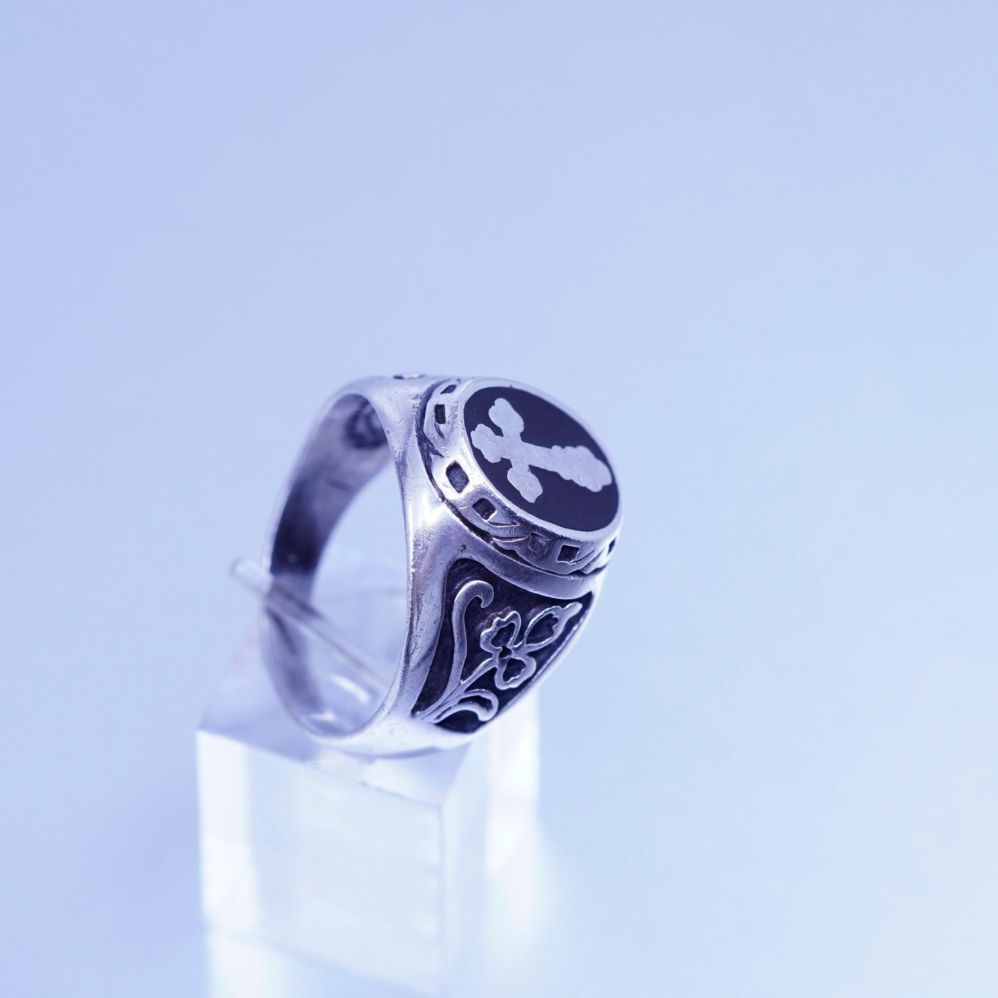Size 12, vintage statement Sterling 925 silver ring, cross band black enamel
