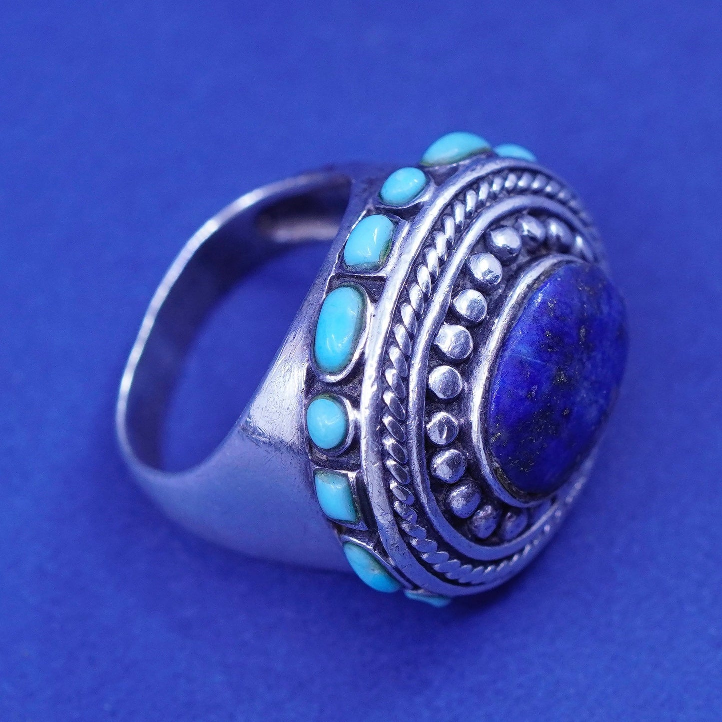 Size 7, sterling silver handmade statement ring Lapis lazuli turquoise beads