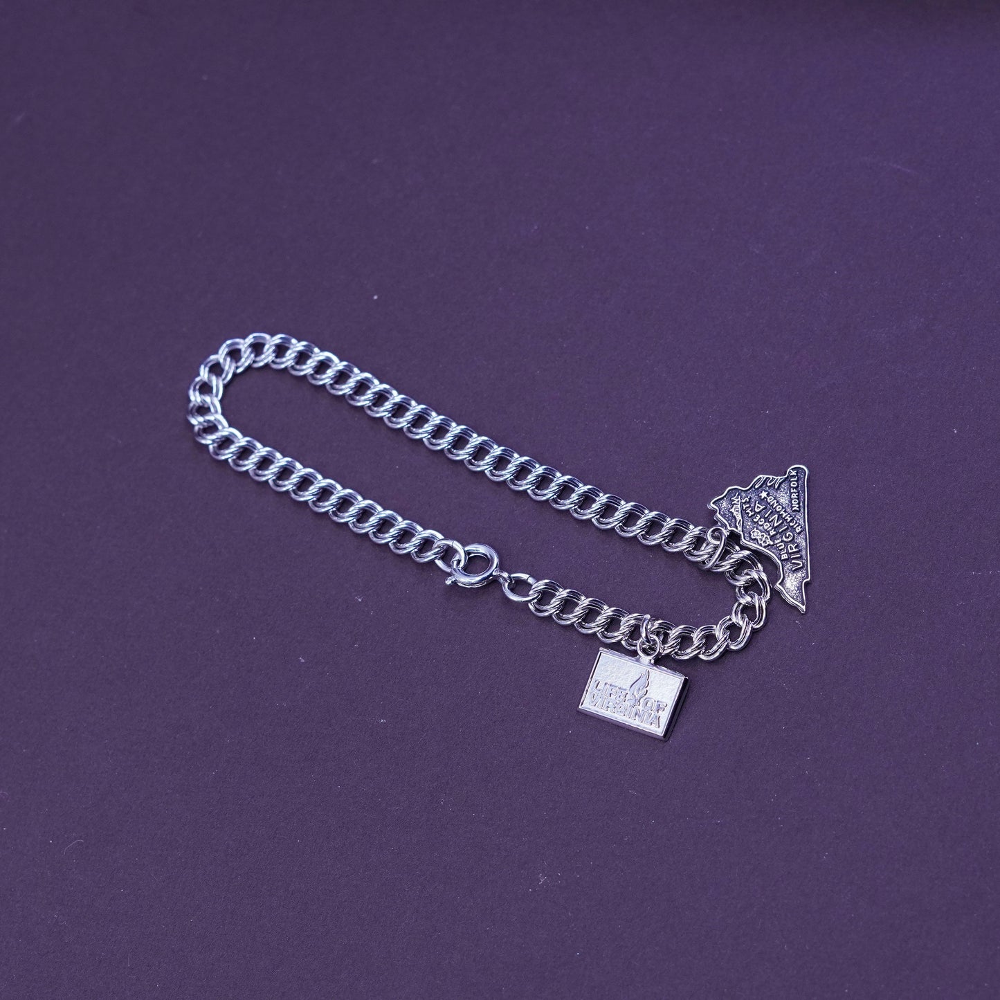 7.25”, vtg Sterling silver double curb chain, 925 bracelet w/ Virginia charms