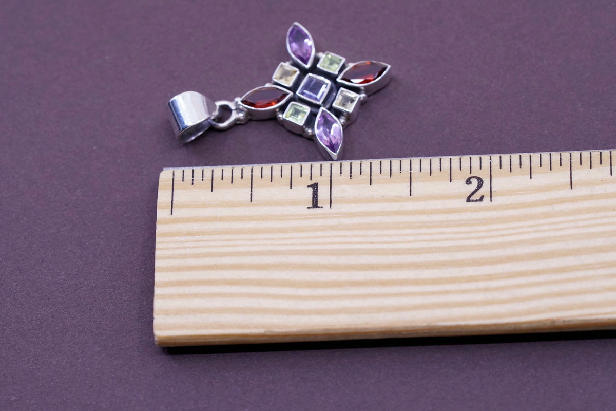 vtg Sterling 925 silver handmade pendant with ruby amethyst citrine and peridot