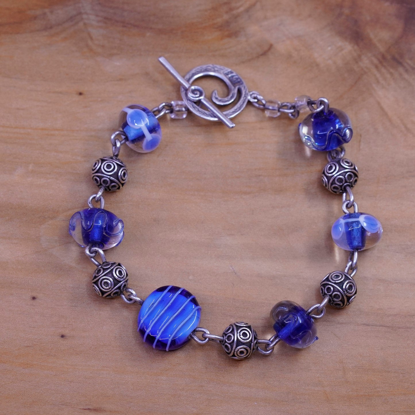 6.75”, handmade bracelet, blue artisan glass beads bracelet Sterling 925 silver