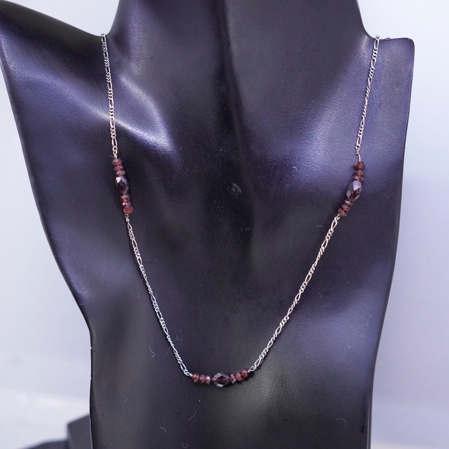 36”, Sterling 925 silver handmade extra long figaro necklace with garnet beads