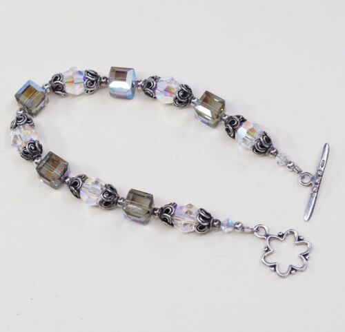 6.75”, Vtg Sterling Silver Handmade Bracelet, 925 Beads W/ Blue Crystal Beads