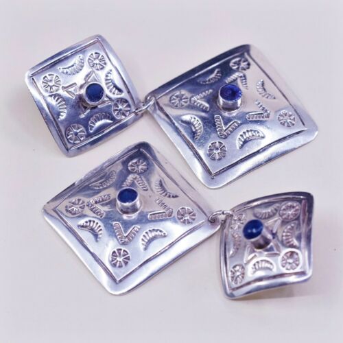 Southwestern Mexico handmade Sterling 925 Silver Square earrings W/ Blue Onyx
