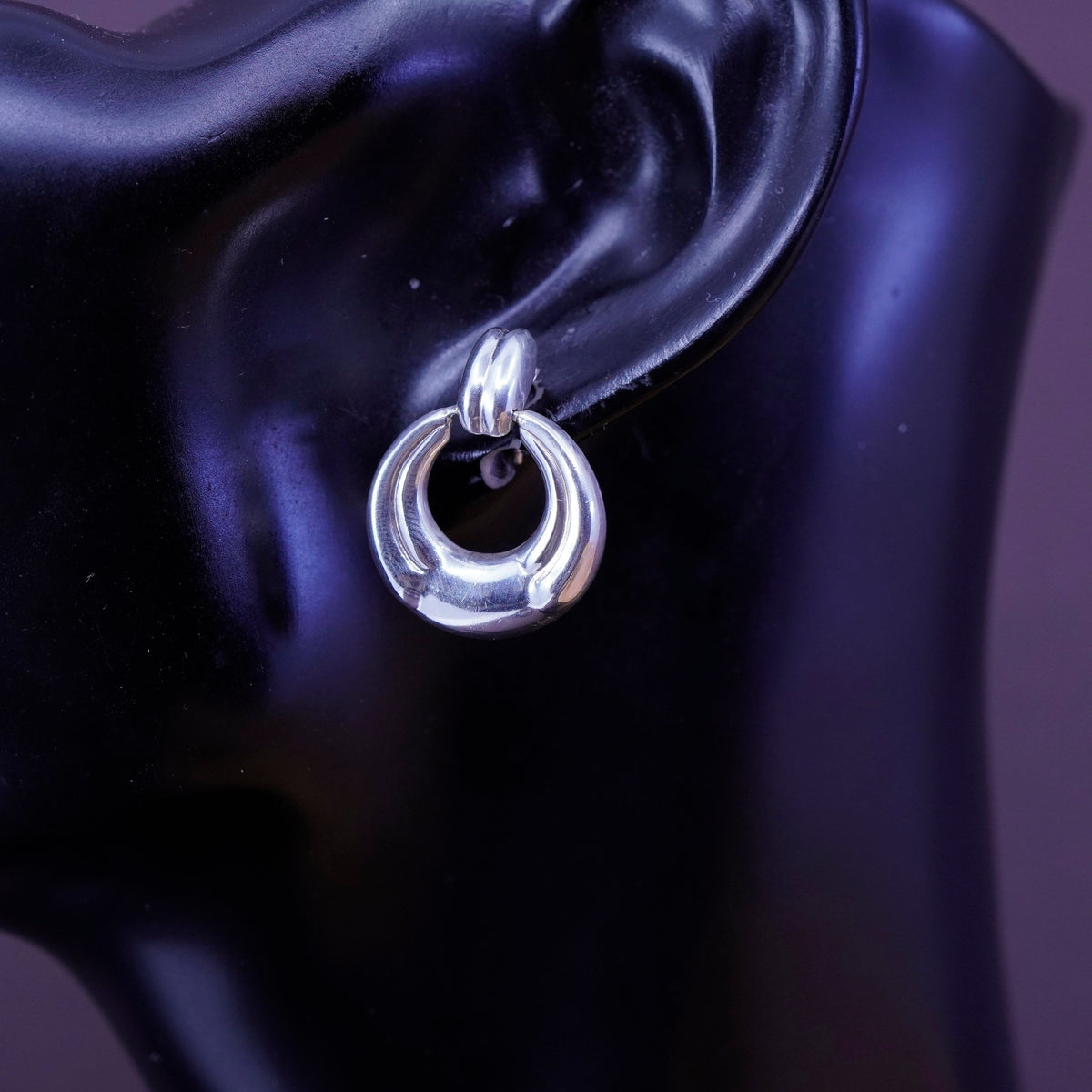 Vintage Sterling silver handmade earrings, Modern 925 ribbed circle dangles