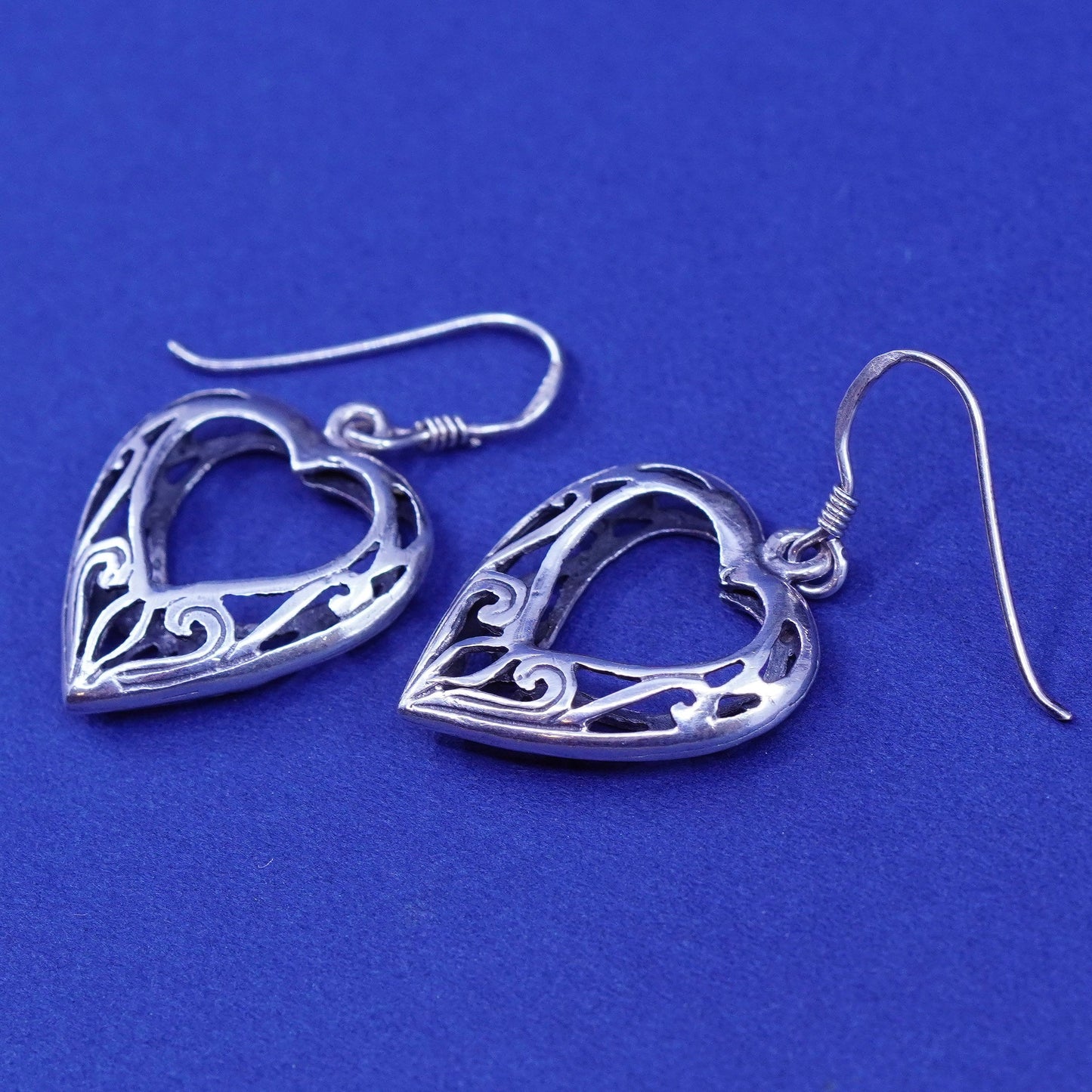 Vintage Sterling silver handmade earrings, 925 Bali filigree heart drops