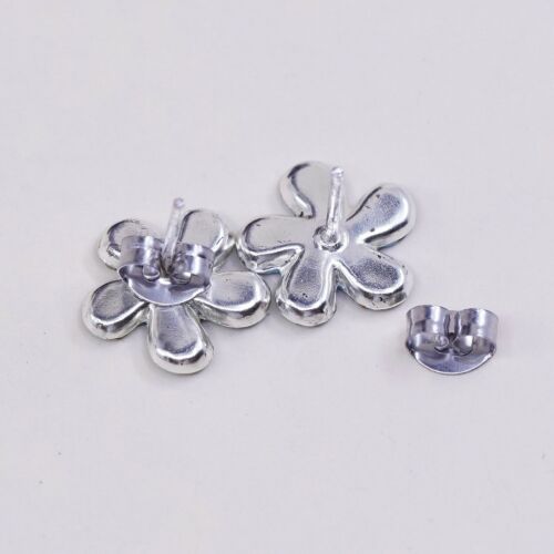 Vintage Sterling Silver Handmade Earrings, 925 Blue Flower Studs W/ Cluster Cz