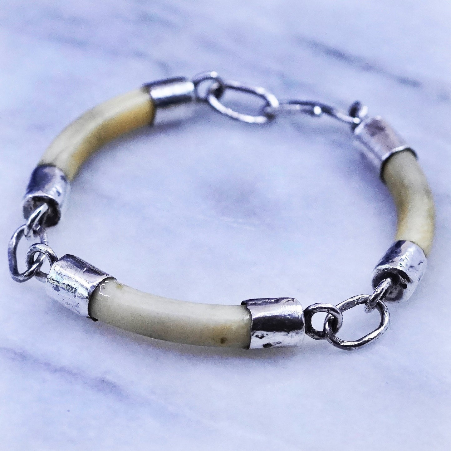 7.5”, vintage Sterling silver handmade bracelet, 925 bar with white stone tube