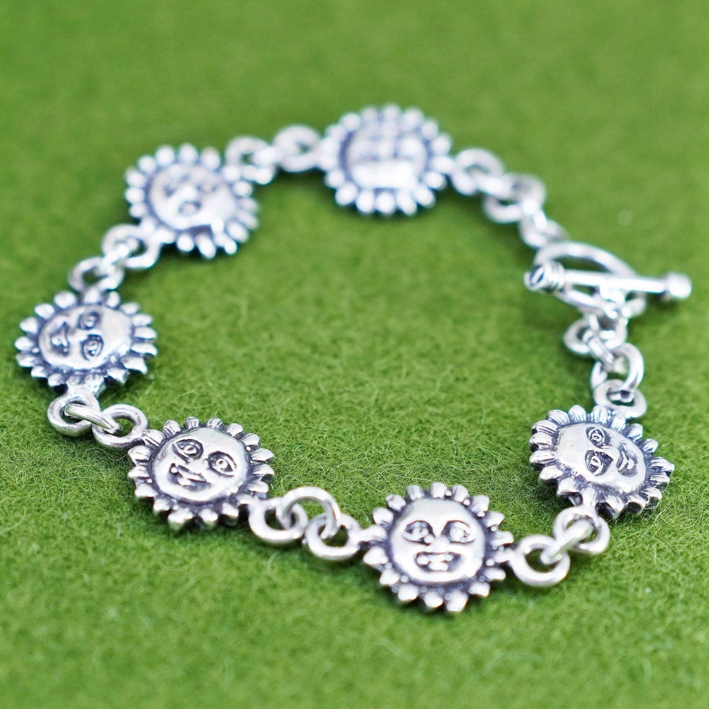 6.75”, vintage Sterling Silver Handmade Bracelet, 925 sunflower face chain