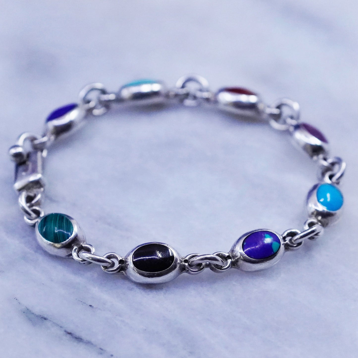 7”, vtg Sterling 925 silver handmade tennis bracelet obsidian onyx malachite