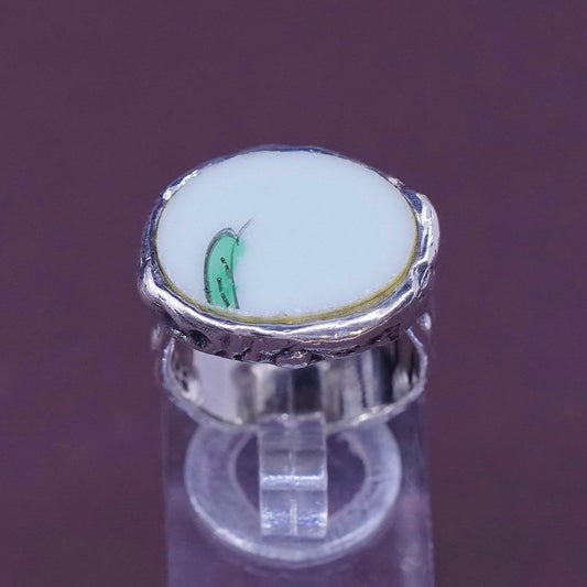sz 7, PB Sterling silver handmade ring, Mexican 925 wide band w/ China pottery