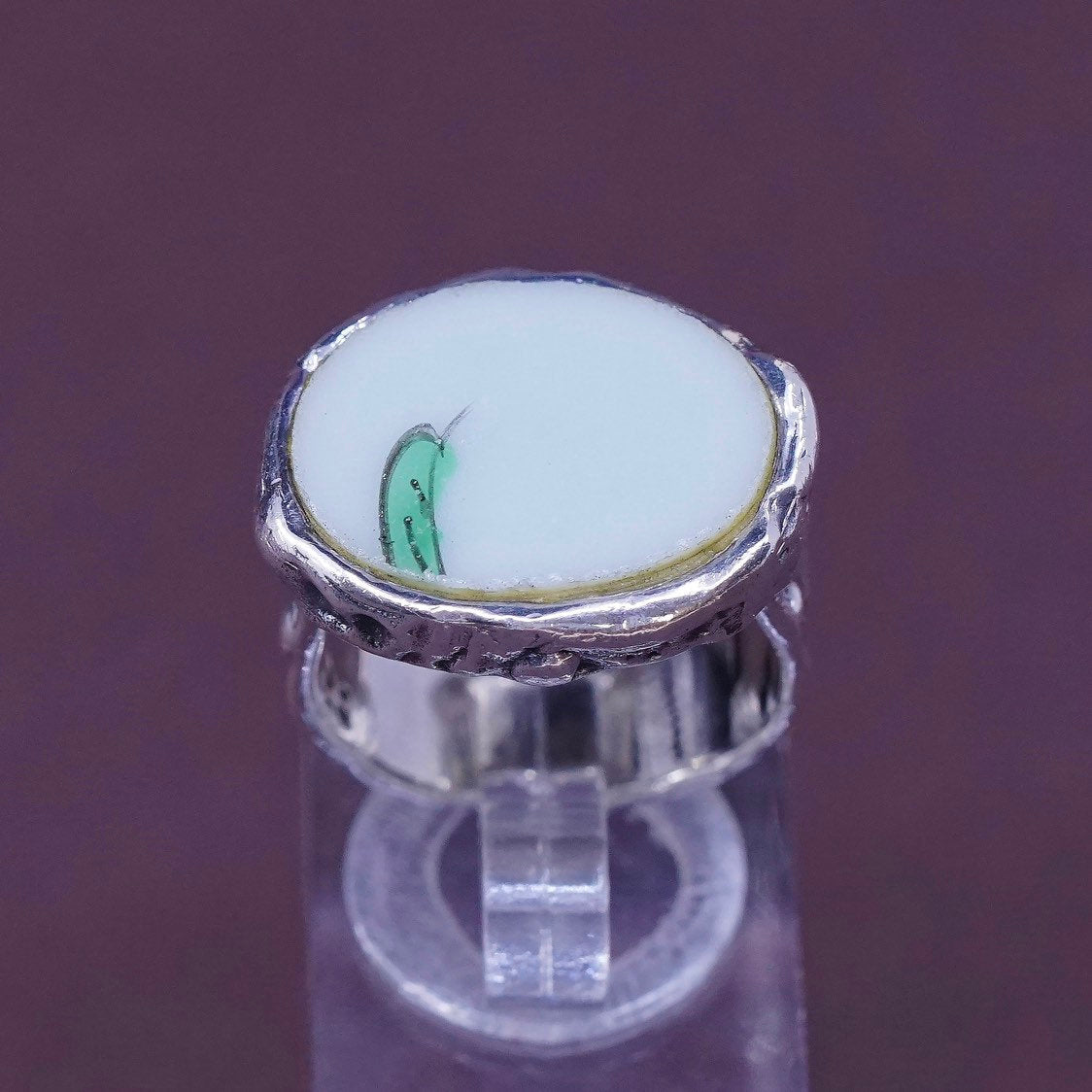 sz 7, PB Sterling silver handmade ring, Mexican 925 wide band w/ China pottery