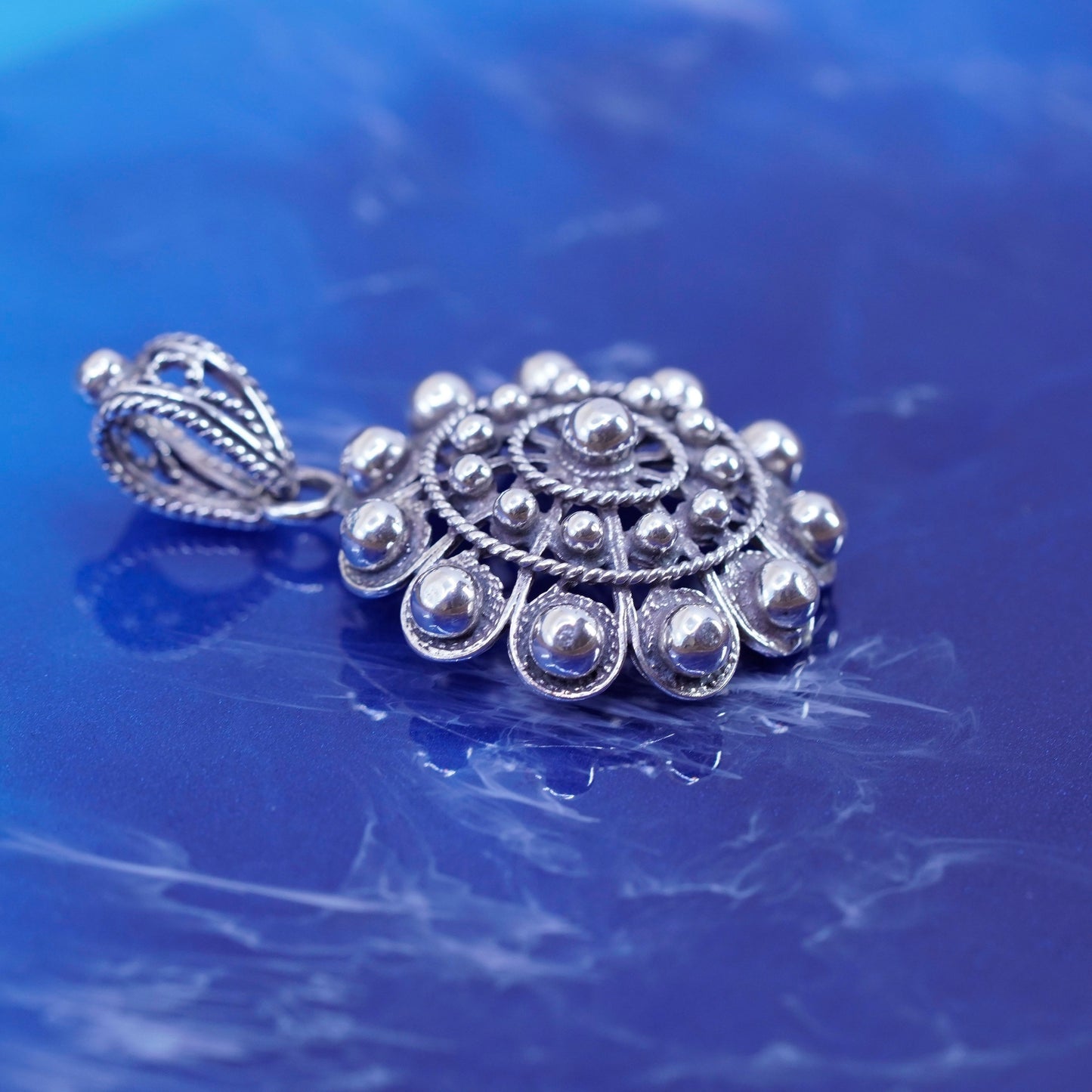 Vintage sterling silver handmade pendant, huge 925 flower pendant with beads