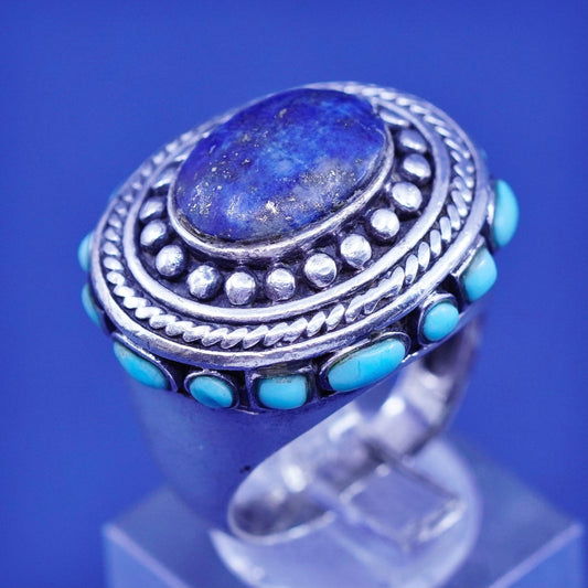Size 7, sterling silver handmade statement ring Lapis lazuli turquoise beads