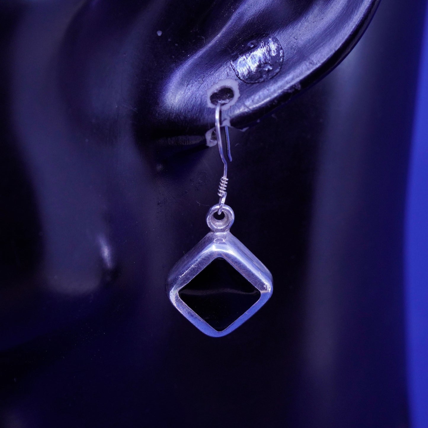Vintage Sterling silver handmade Square earrings with obsidian