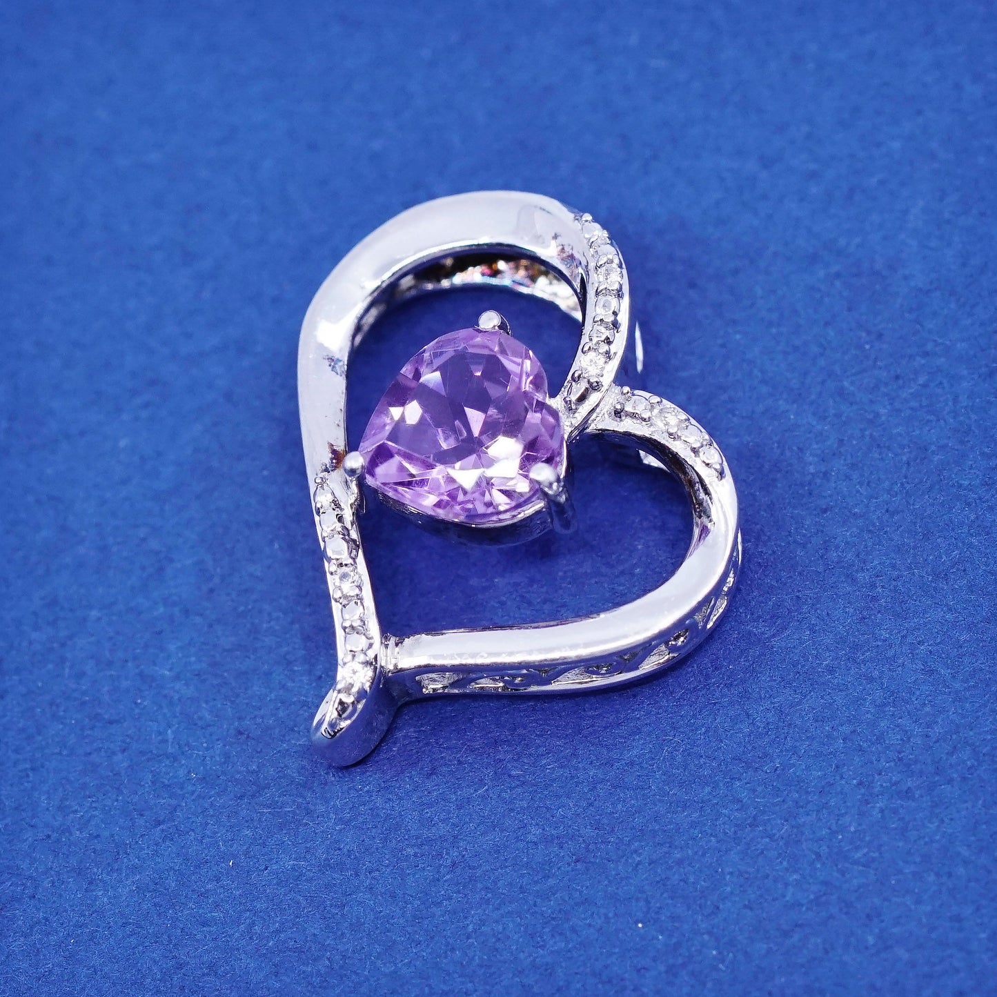 vtg JEBR Sterling silver handmade pedant, 925 heart with amethyst and diamond