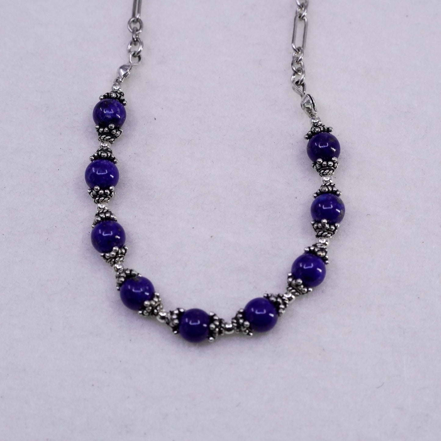 19”, Sterling 925 silver handmade elongated necklace with lapis lazuli beads