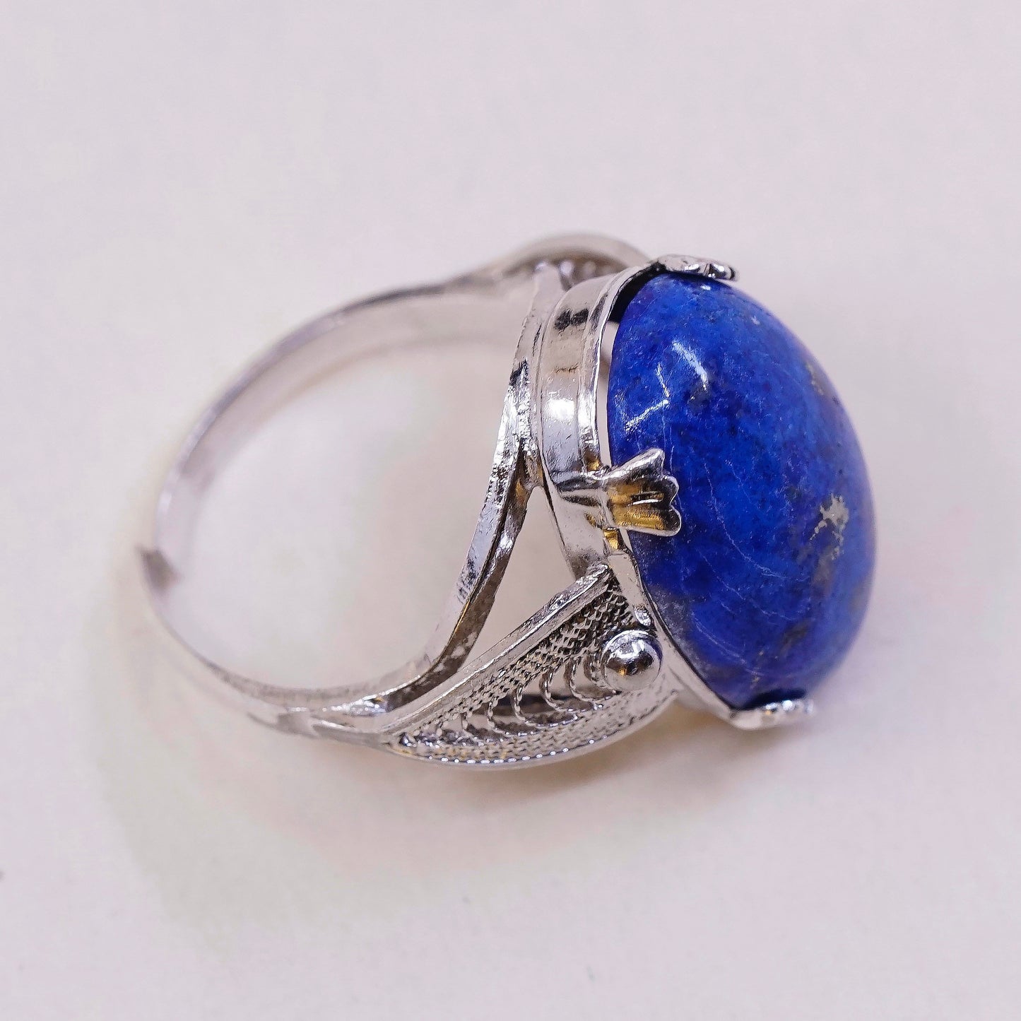 sz 6, vtg sterling silver handmade ring 925 statement ring w/ oval Lapis lazuli