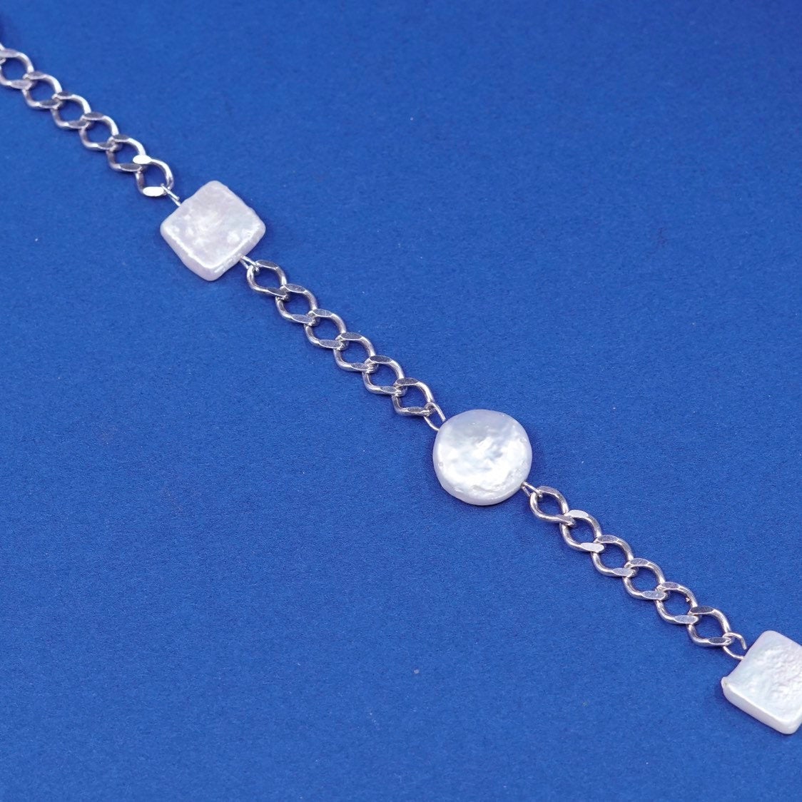 7.75", vtg Sterling silver handmade bracelet, 925 clasp w/ pearl beads
