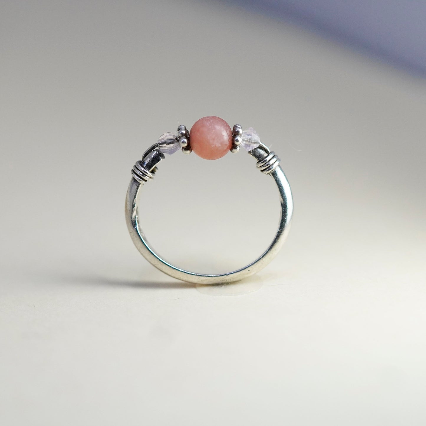 Size 5.75, Vintage sterling silver handmade ring with pink quartz bead