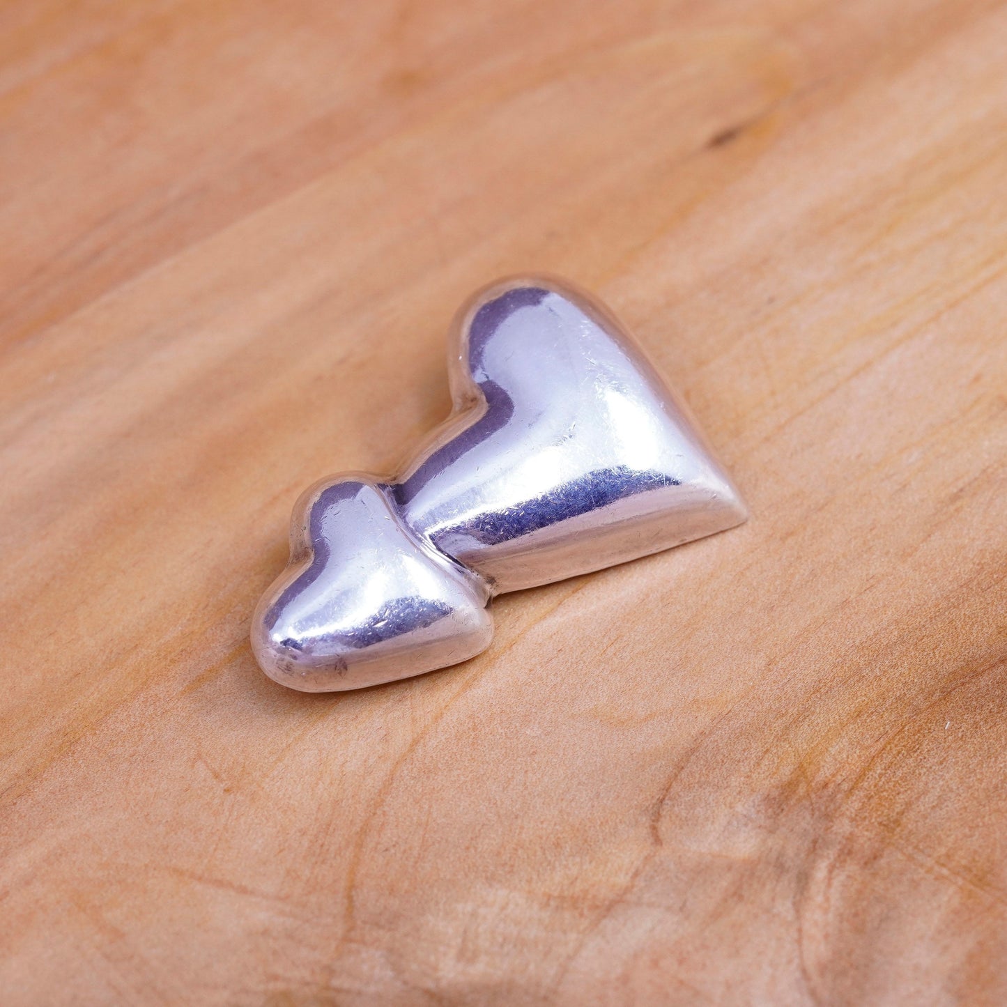 Vintage Mexico Sterling 925 silver handmade pendant, double heart brooch pin