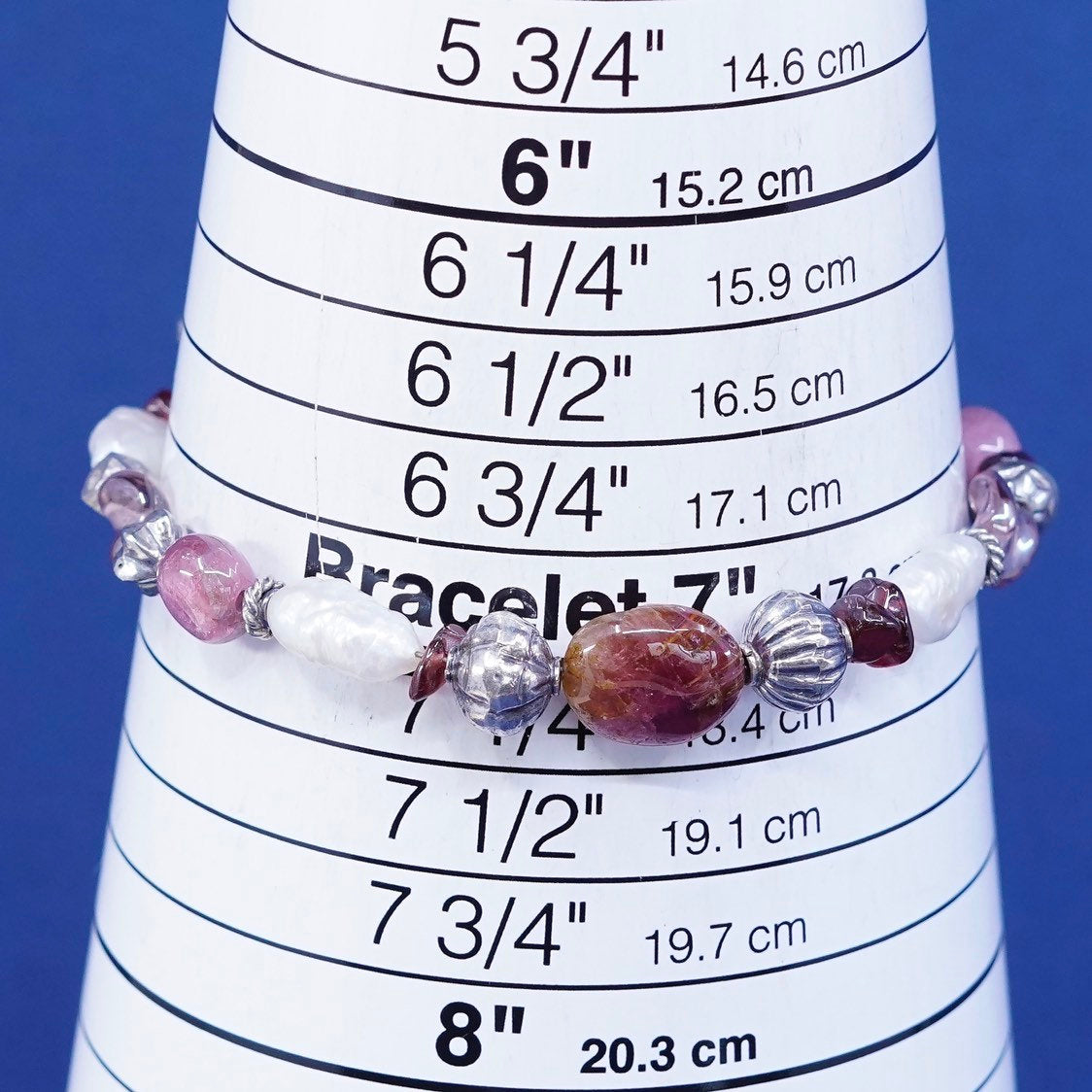 7", sterling 925 silver handmade bracelet, pearl w/ pink quartz beads