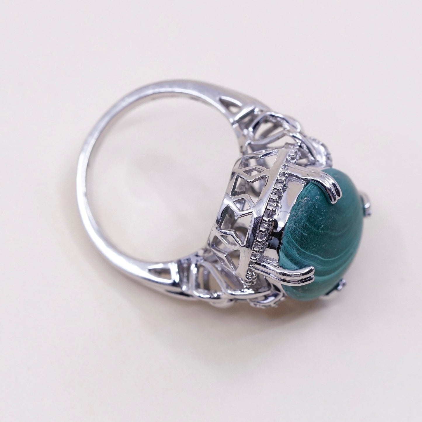 Size 9.25, sterling 925 silver handmade ring with malachite and cluster diamond