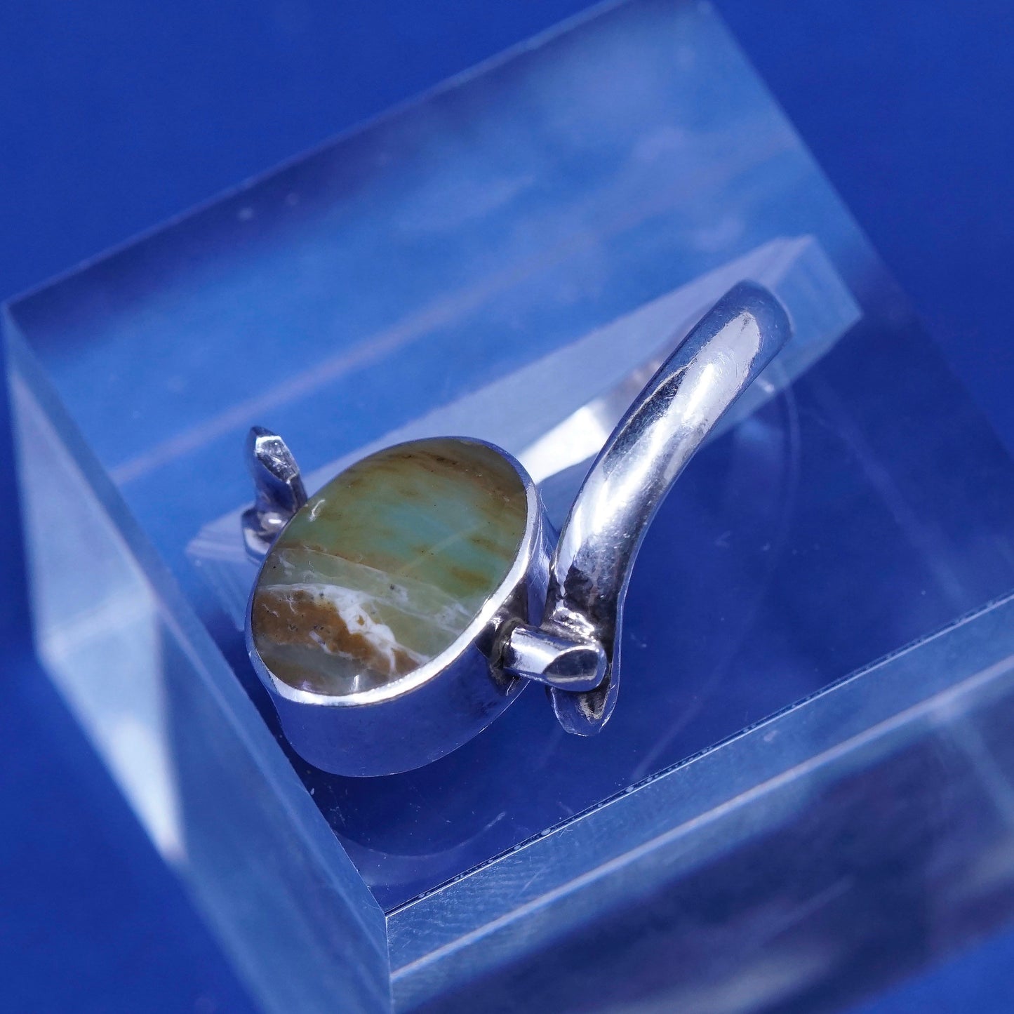sz 6.5, vtg sterling silver handmade ring, antique spinner ring w/ jade N agate
