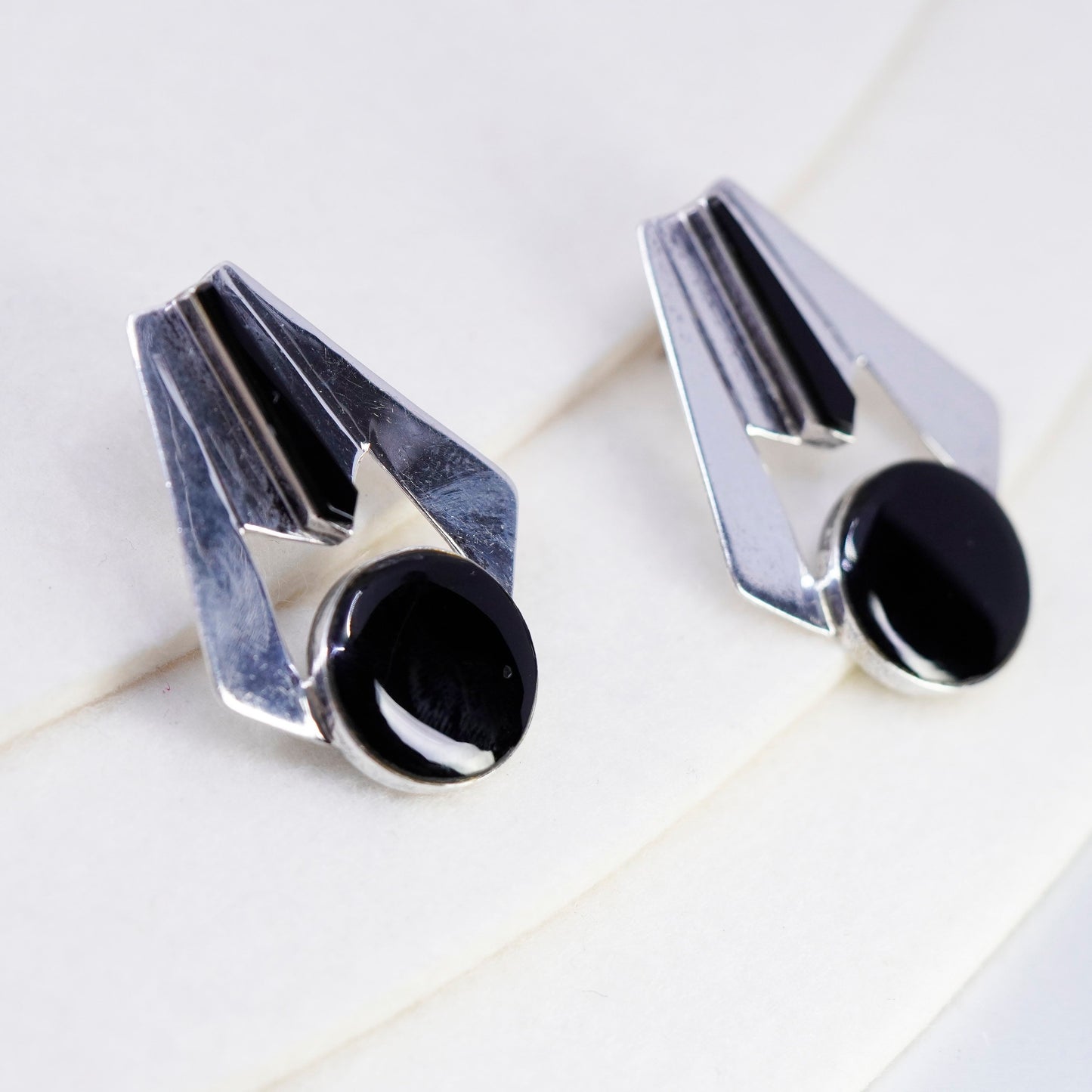 Vintage Mexico Sterling 925 silver handmade earrings, modern obsidian studs