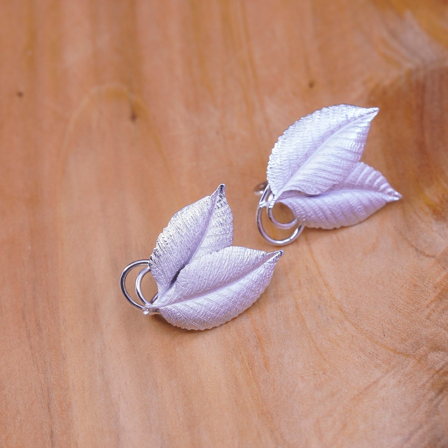 Vintage SSH Sterling silver handmade screw back earrings, 925 leaves