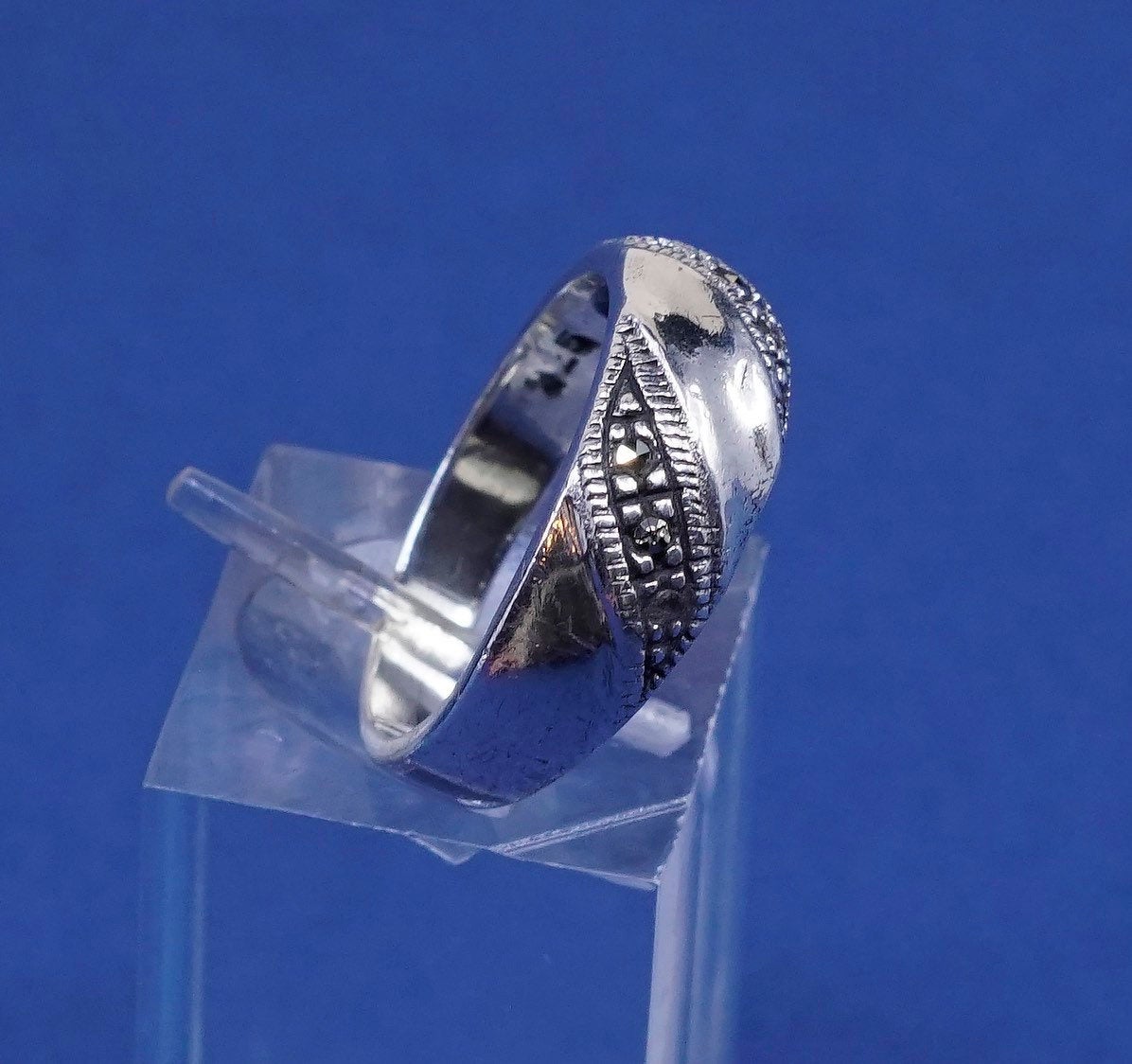 sz 6.75, vtg Sterling silver handmade ring, Mexican 925 band w/ marcasite