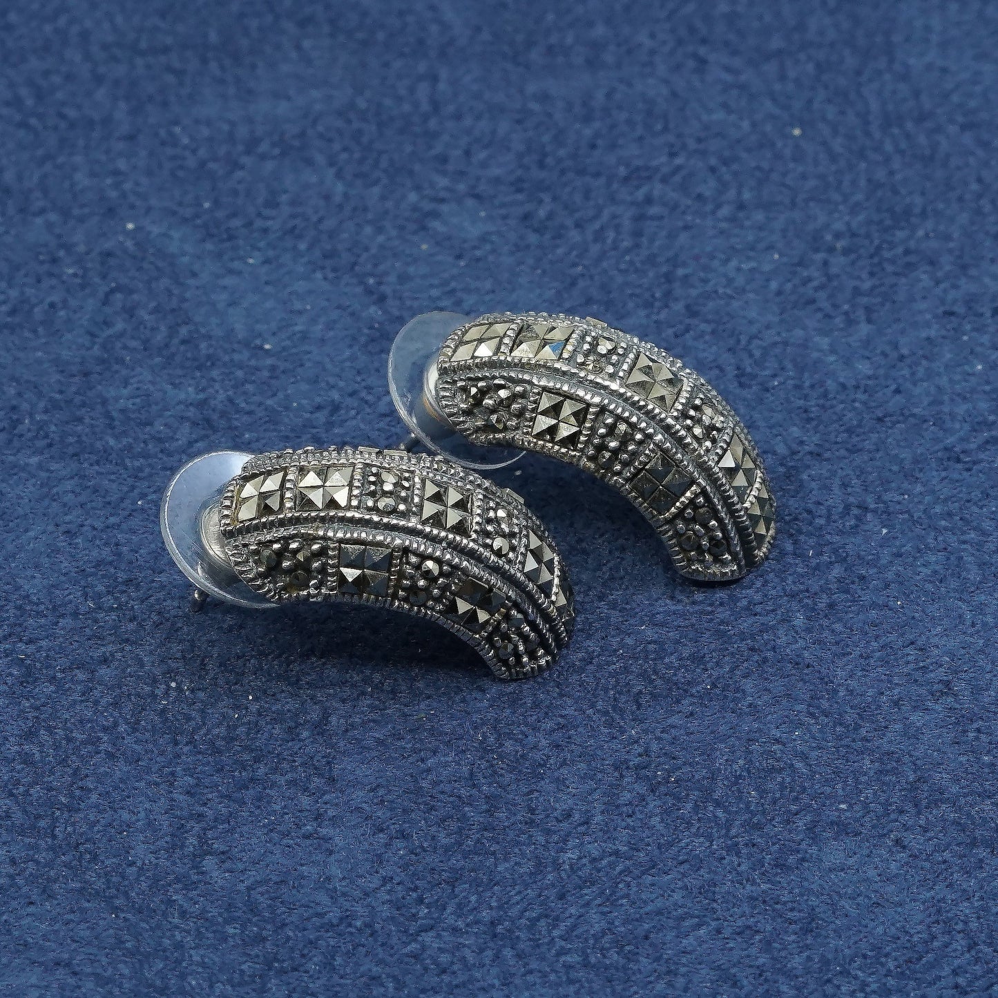 1", vtg Sterling silver handmade earrings, 925 hoops w/ marcasite, huggie