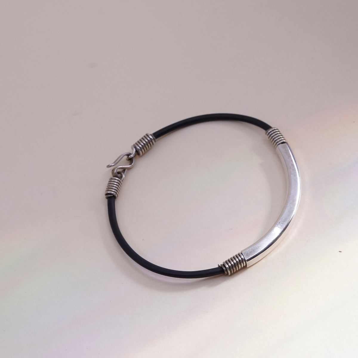 7.25”, Vintage black rubber chain with sterling 925 silver bar,
