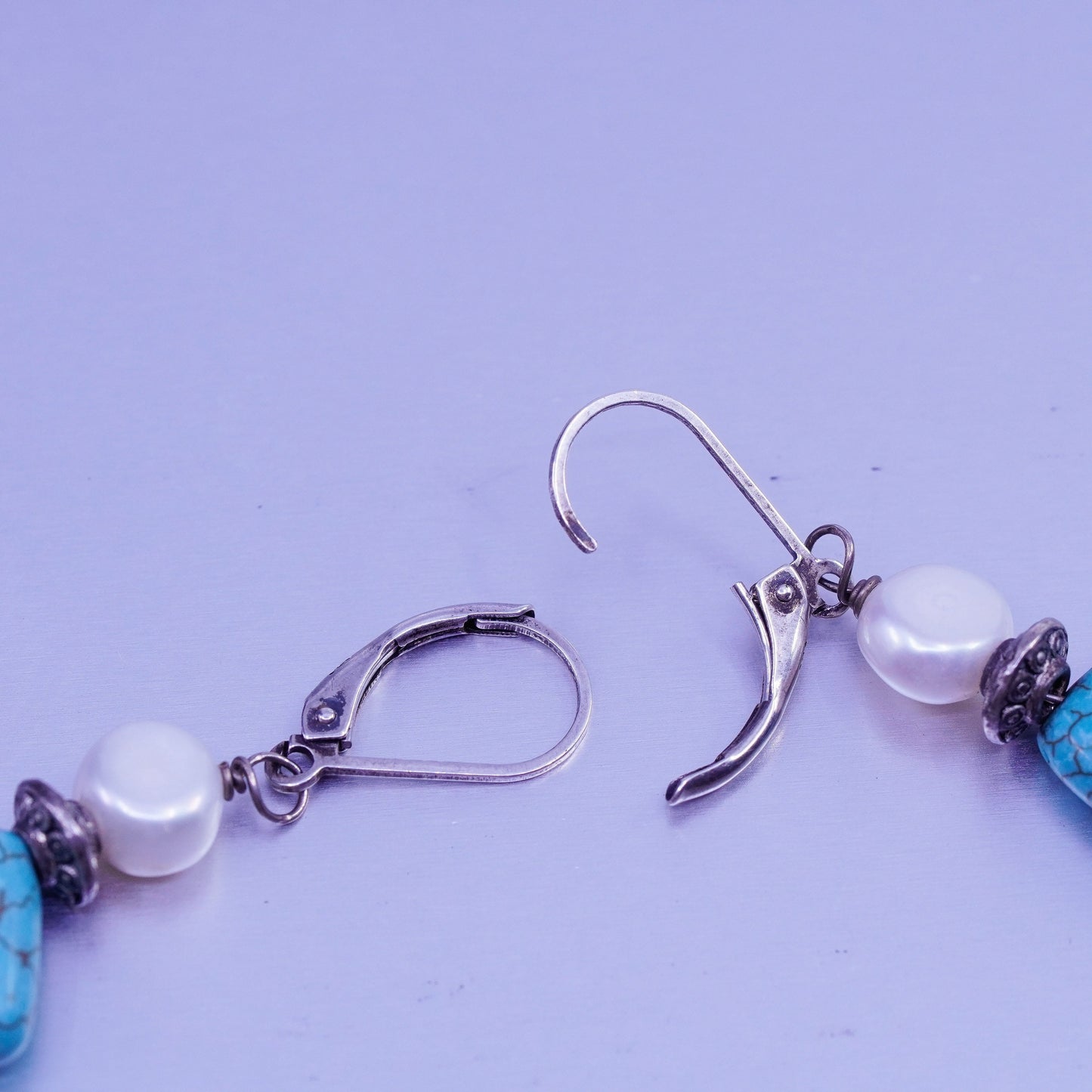 Vintage Sterling 925 silver handmade earrings with square turquoise and pearl