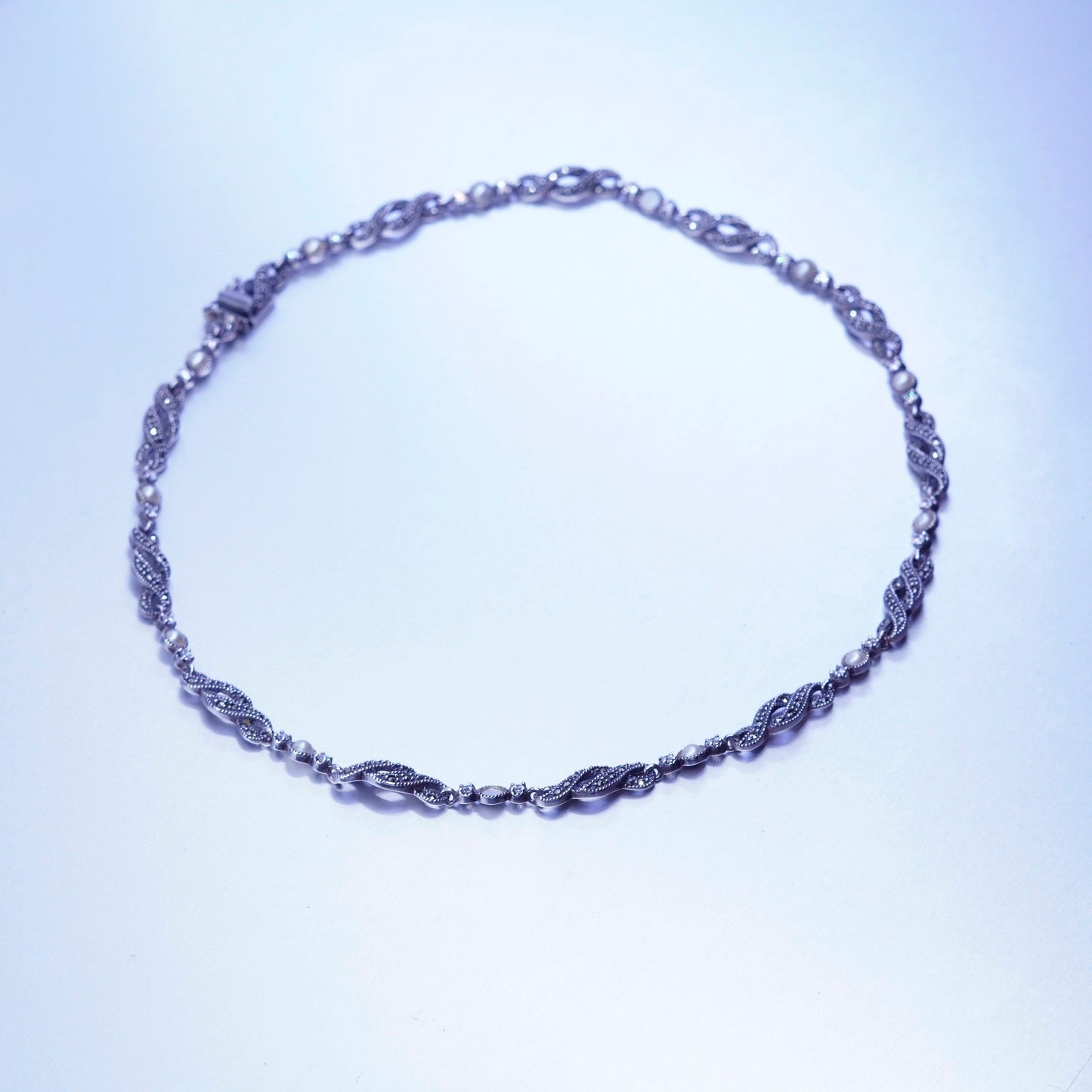 16”, Judith Jack Sterling 925 silver wavy chain tennis necklace Marcasite pearl