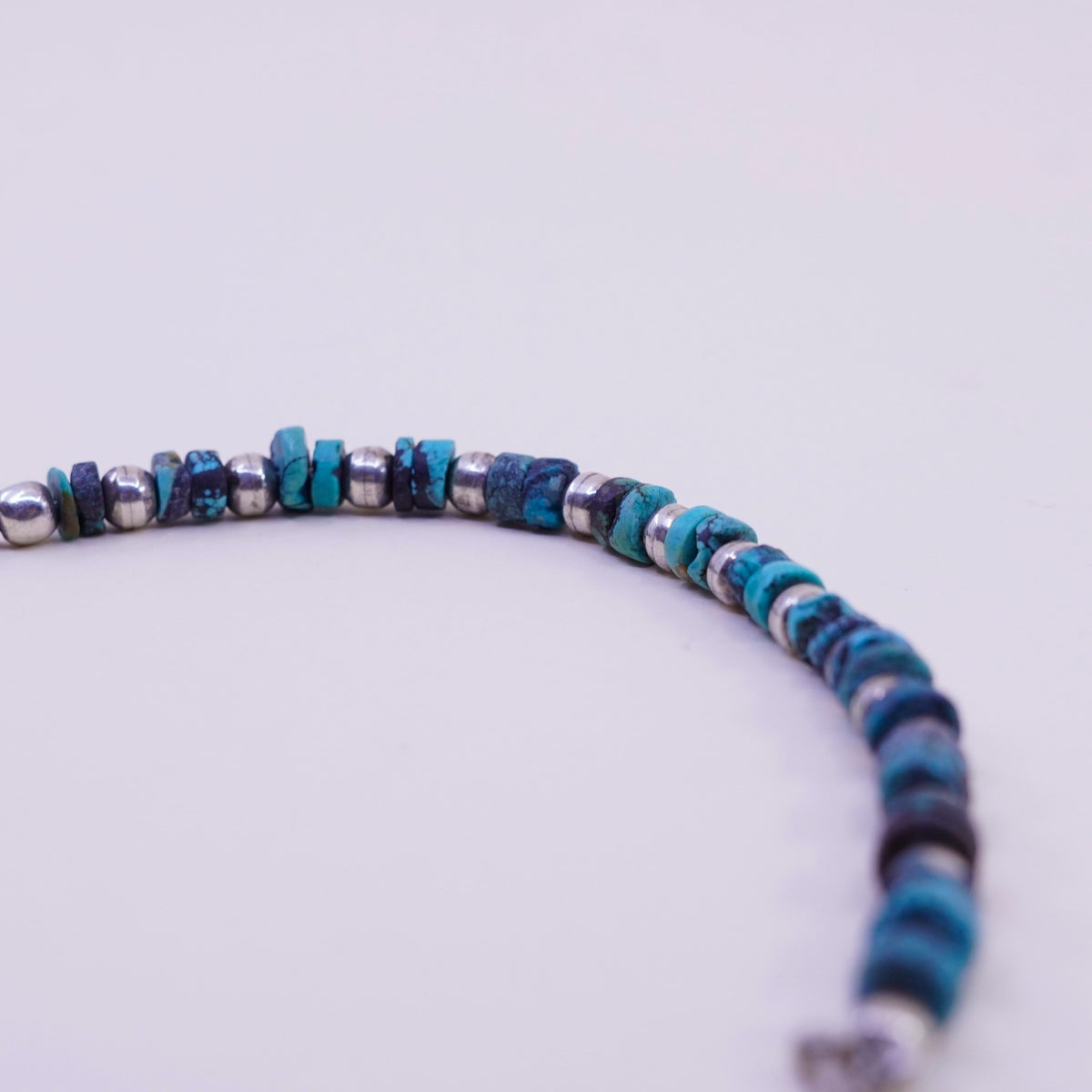 7”, Native American Sterling 925 silver heishi bracelet spiderweb turquoise