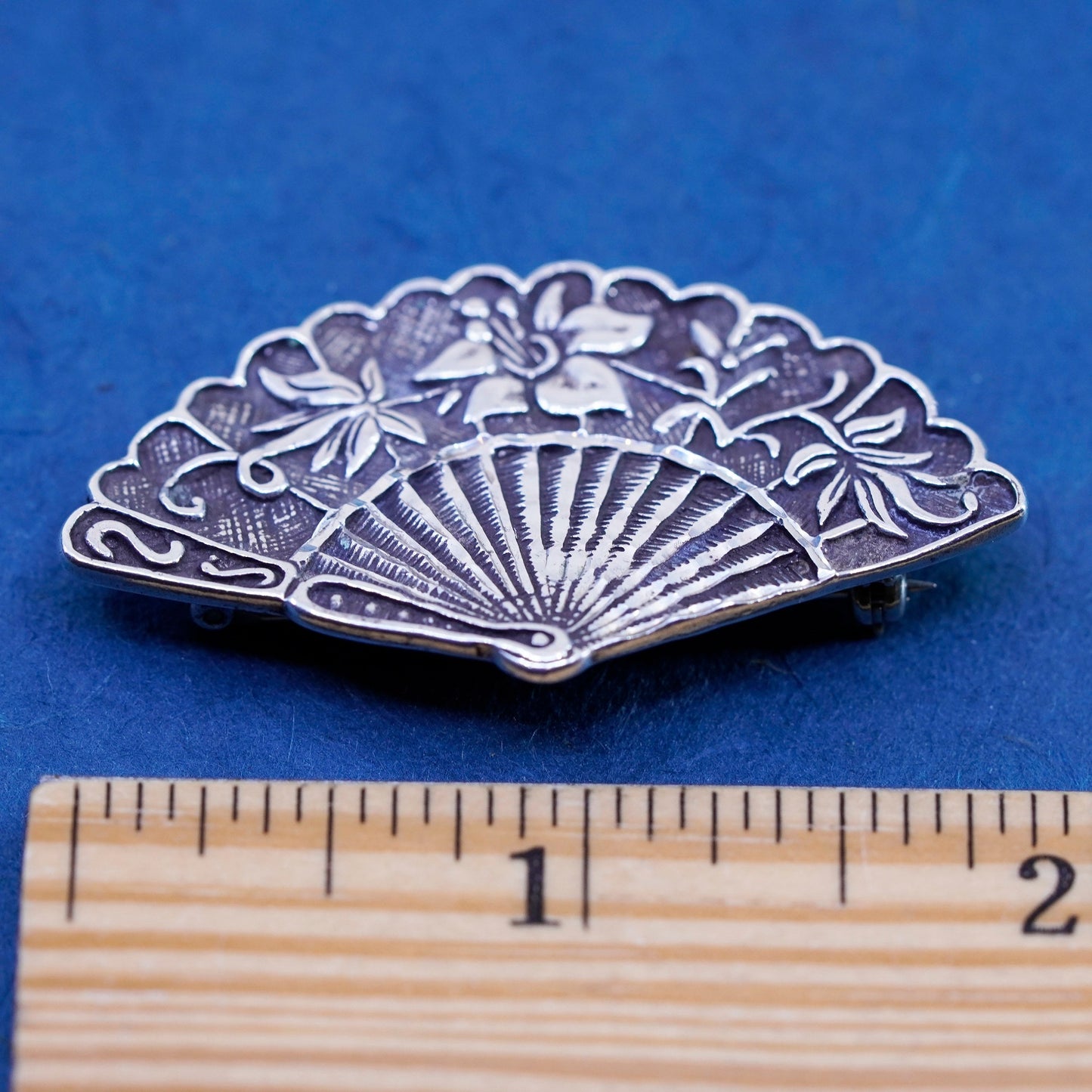 Vintage Sterling 925 Silver handmade oriental fan Brooch pin