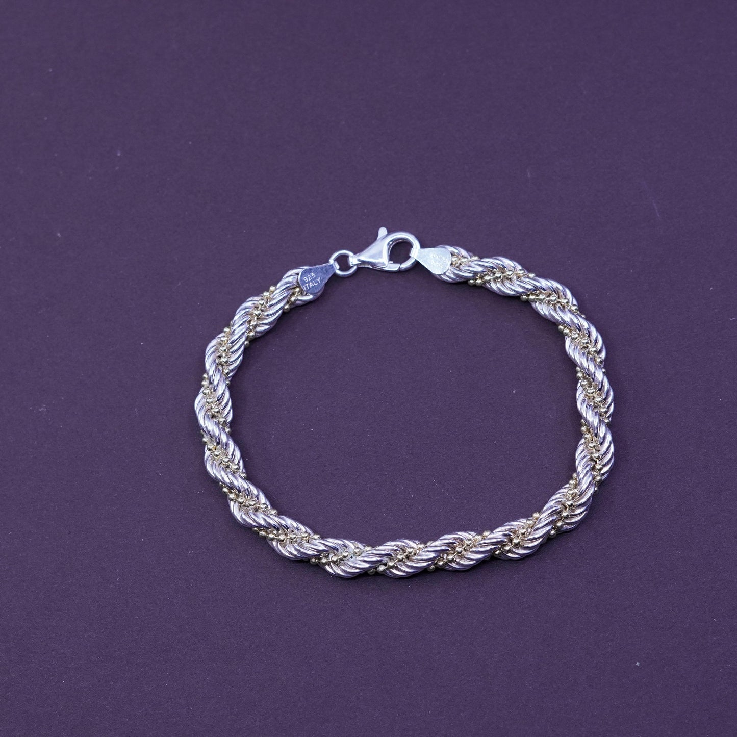 7”, Sterling silver bracelet, Italy 925 rope twisted with 14K gold beads chain