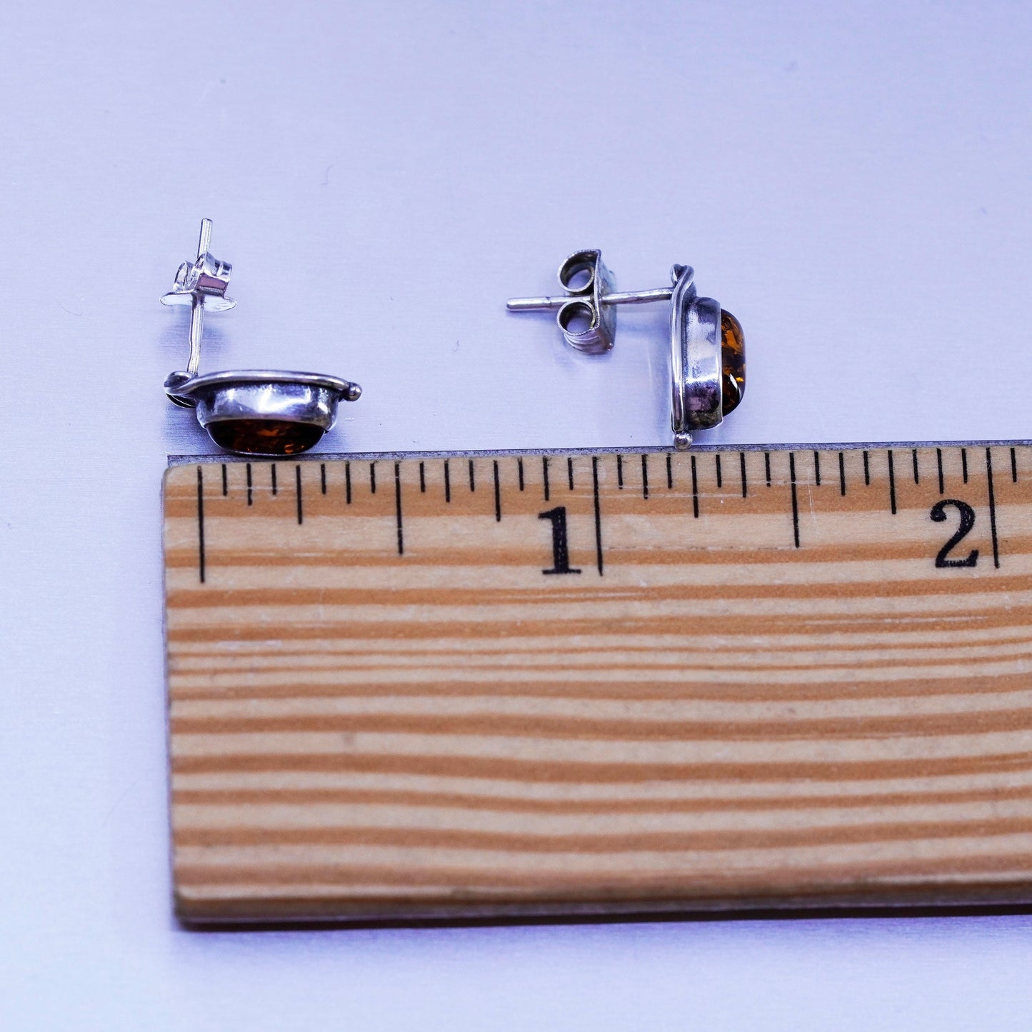 Vintage Sterling 925 silver handmade earrings, oval amber studs