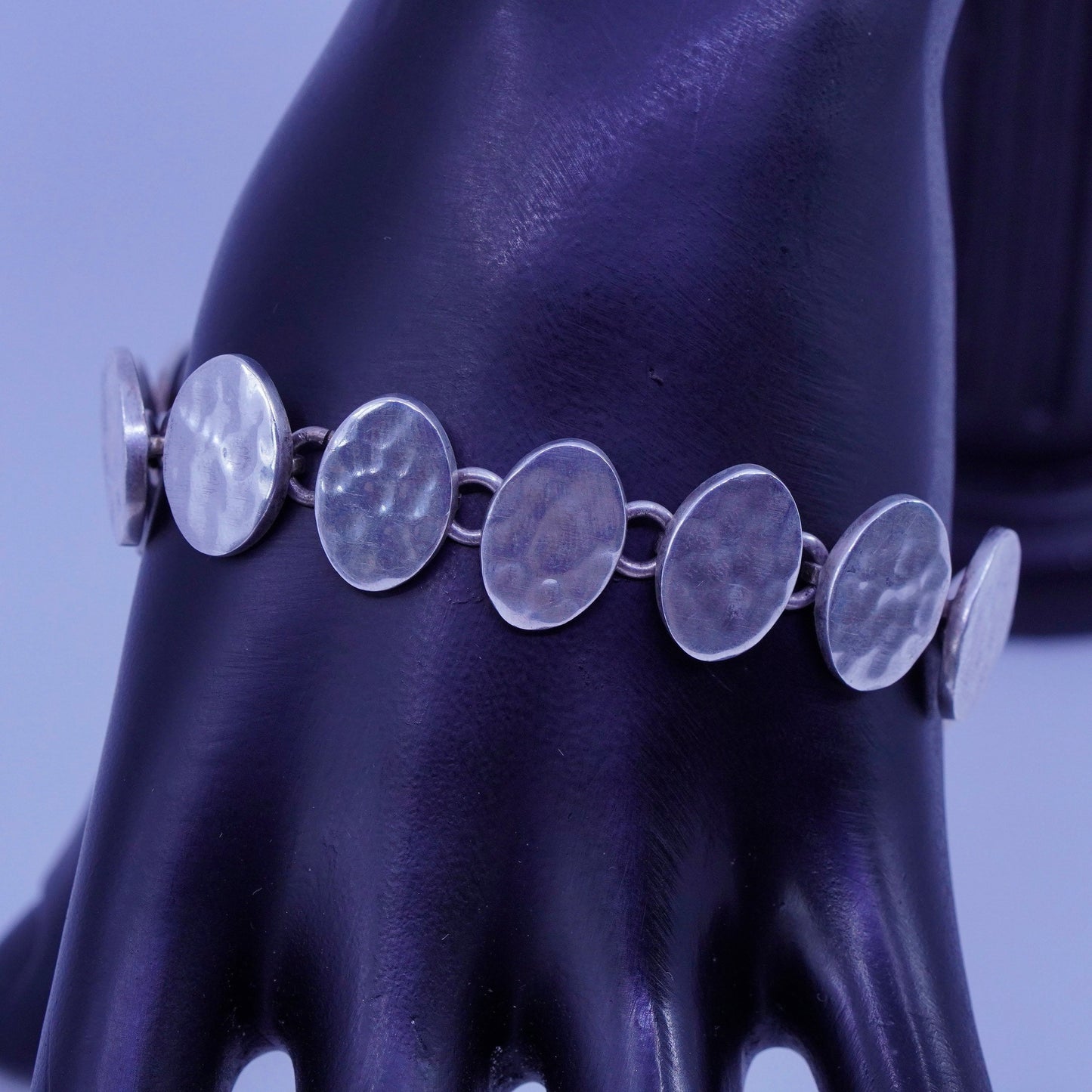 7.5”, vintage Sterling 925 silver handmade bracelet, hammered oval link chain