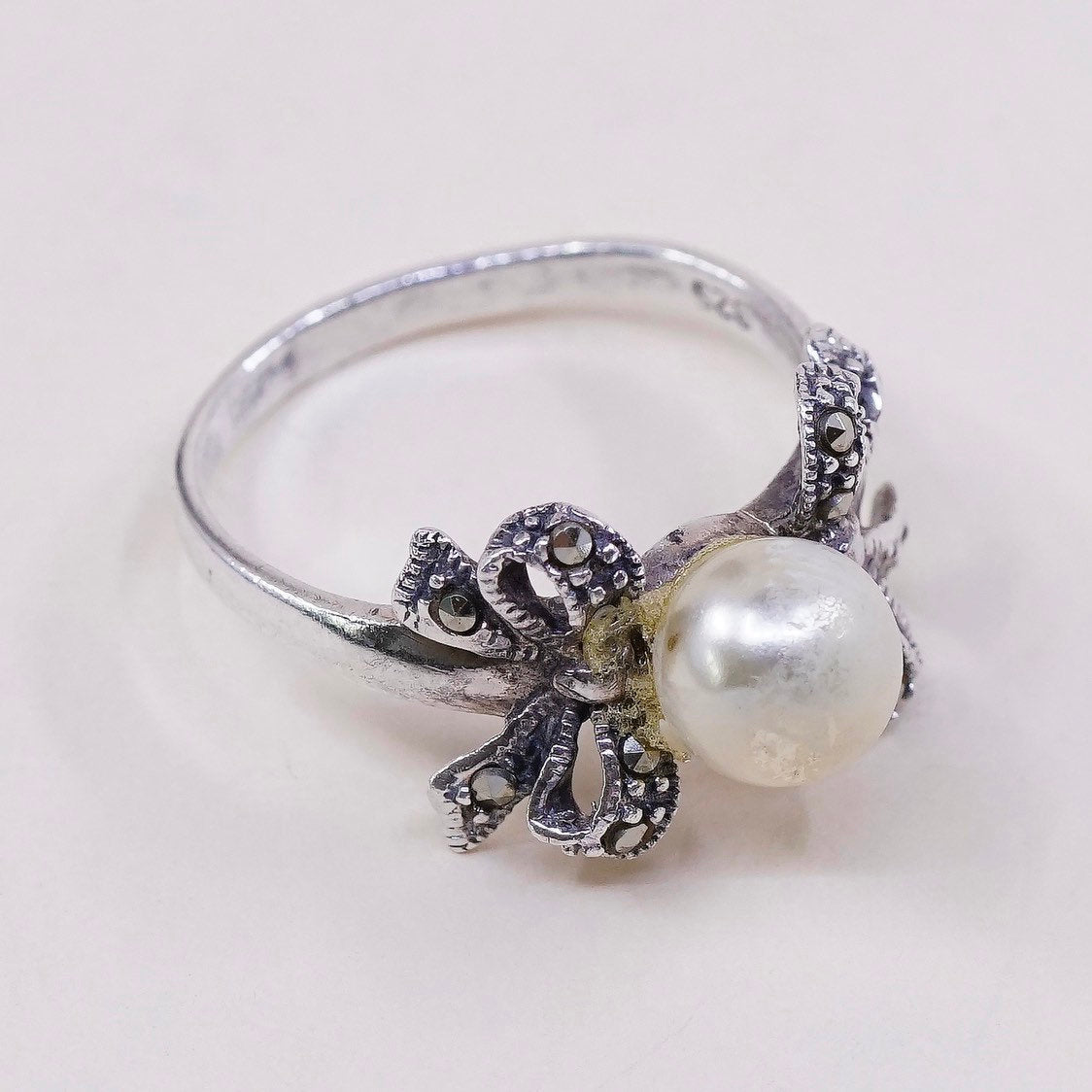 sz 6.75, vtg sterling silver handmade ring, 925 w/ faux pearl n marcasite