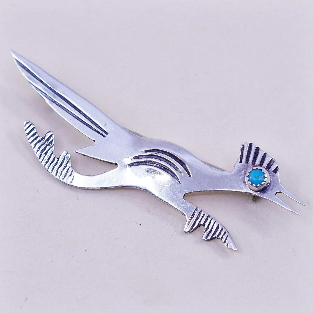 Navajo sterling silver handmade brooch, 925 roadrunner bird pin turquoise
