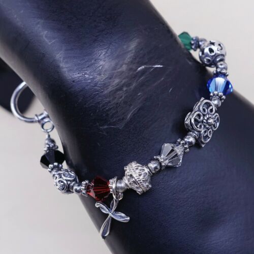 6”, Vtg Sterling Silver Handmade Bracelet 925 Bali W/ Swarovski Crystal Beads